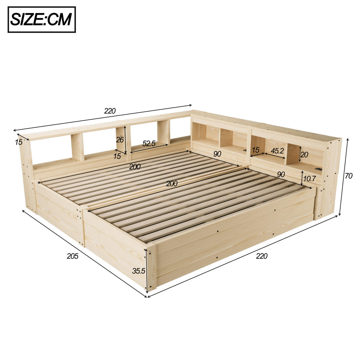 SCHLAFSOFA 90x200cm LED Stauraum Steckdose Holzbett Holz - Naturfarben, Holzwerkstoff (180/200cm) - FLIEKS