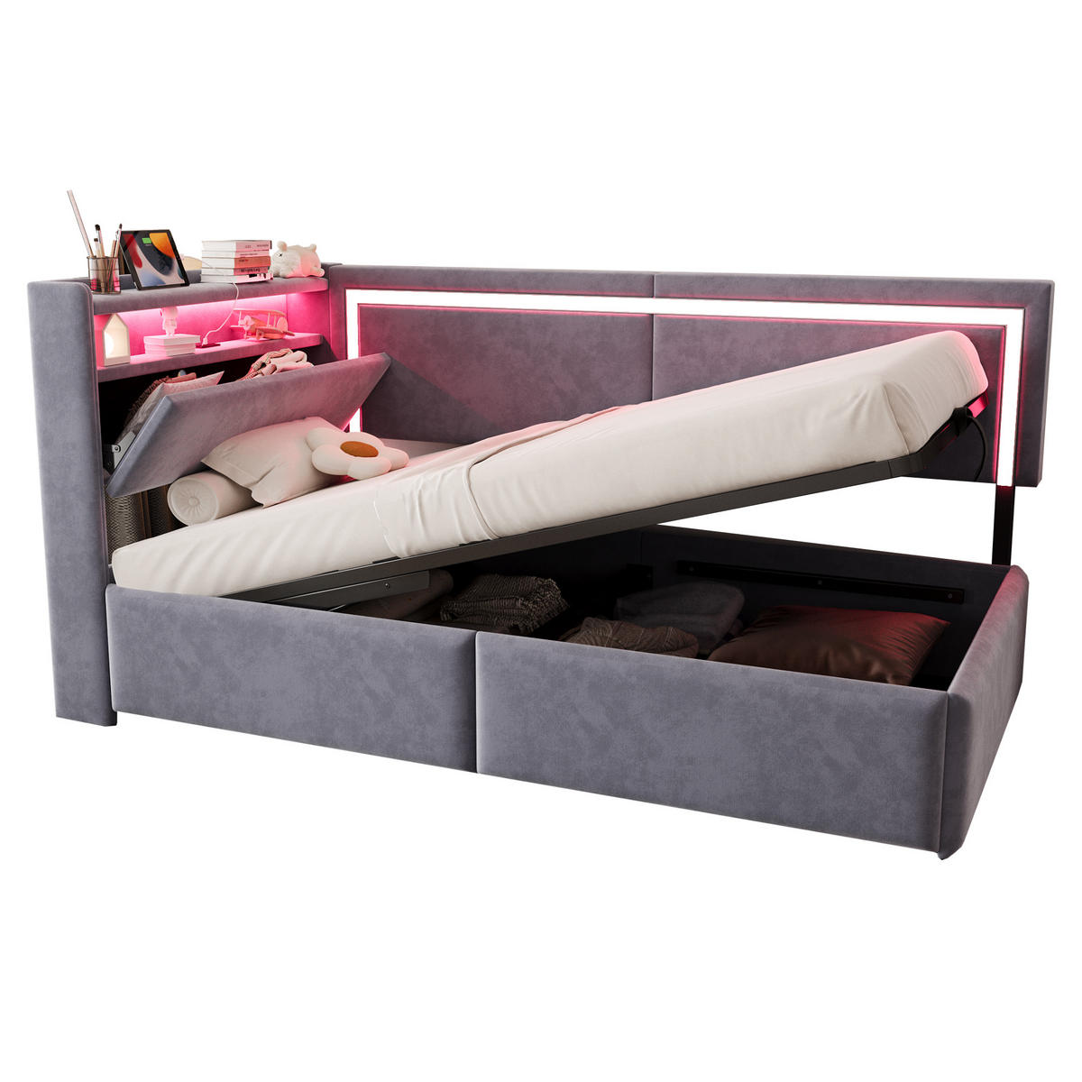 POLSTERBETT 90/200 cm hellgrau aus Samt mit LED und USB Stauraum - Hellgrau, Textil (90/200cm) - OKWISH