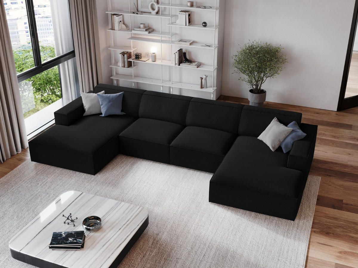 PANORAMASOFA Jodie aus strukturiertem Stoff schwarz 6 Sitzplätze - Schwarz, Textil (166/70/364cm) - Micadoni