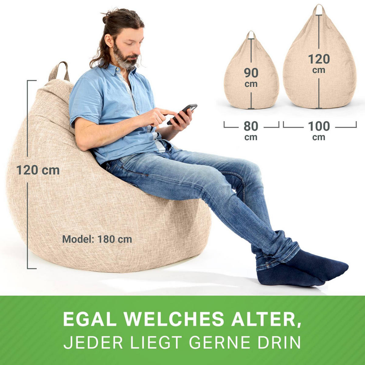 SITZSACK Indoor "Home Linen" - 200 Liter - Beige, Textil (80/90/50cm) - Green Bean