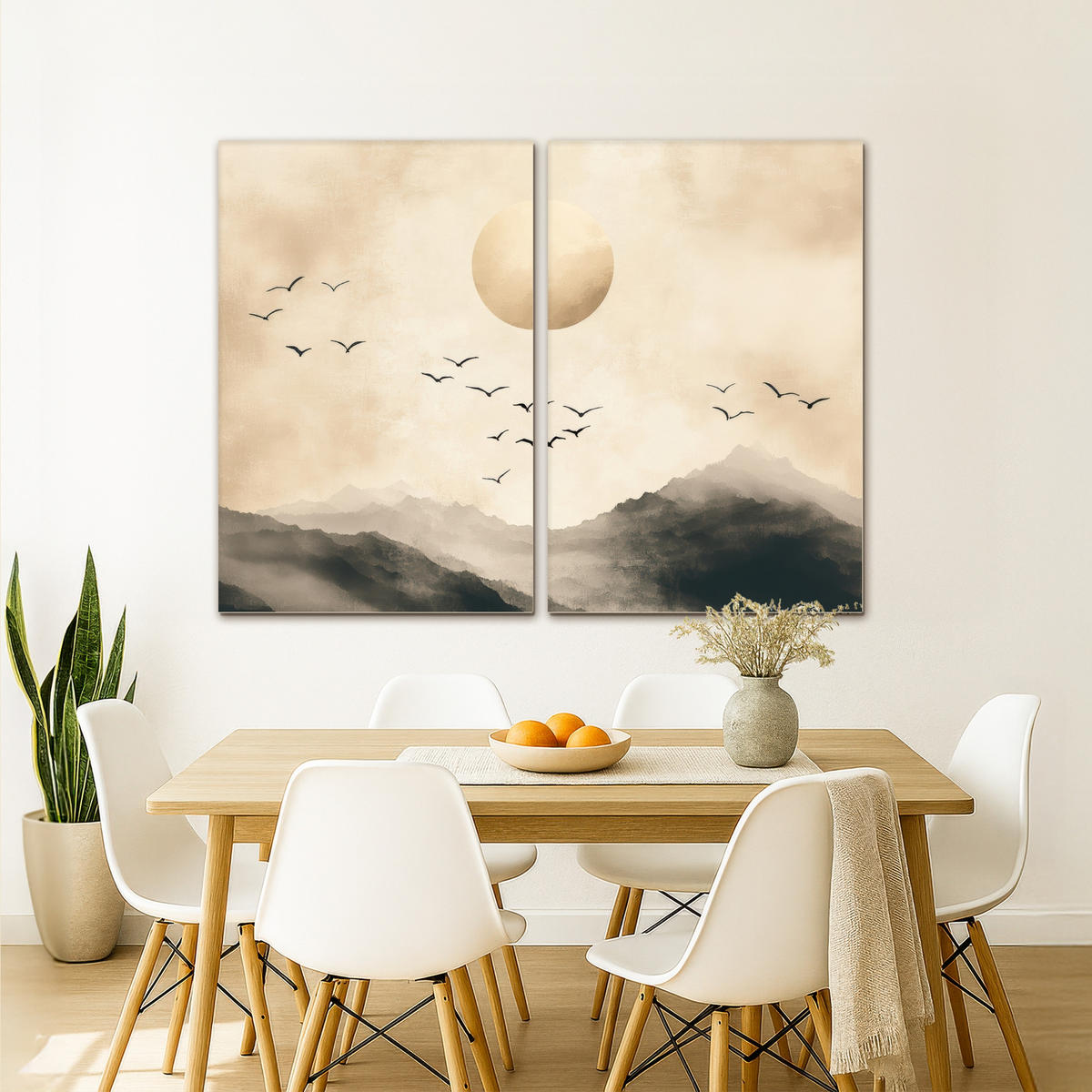 LEINWANDBILD 2er Set Landschaft - Japandi - Beige - Vögel 160x120 cm - Beige, Textil (160/120cm) - MuchoWow