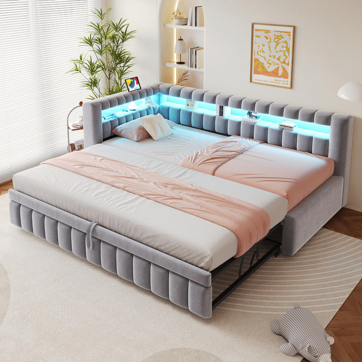 POLSTERBETT 90/200 cm aus Samt mit LED-Beleuchtung und Ladeanschluss, Hellgrau - Hellgrau, Textil (90/200cm) - OKMYHOME