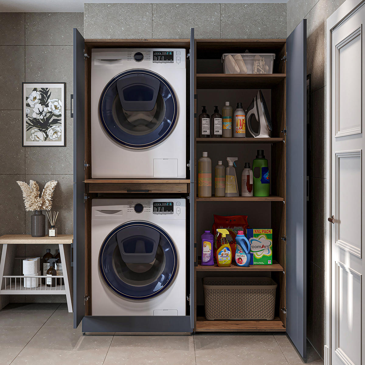 WASCHMASCHINENSCHRANK DORA-I 130cm Breit, 186cm Hoch - Anthrazit, Holzwerkstoff (130/186/73.8cm)