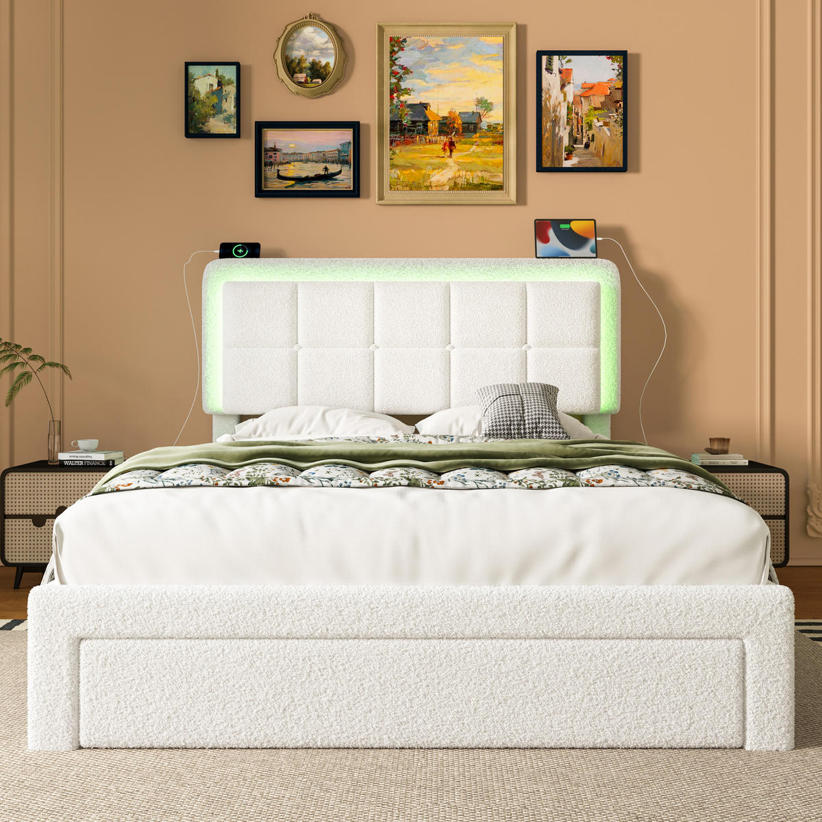 POLSTERBETT 160/200 cm weiß Teddy mit verstellbarem Kopfteil und USB-Anschluss - Weiß, Textil (160/200cm) - OKWISH