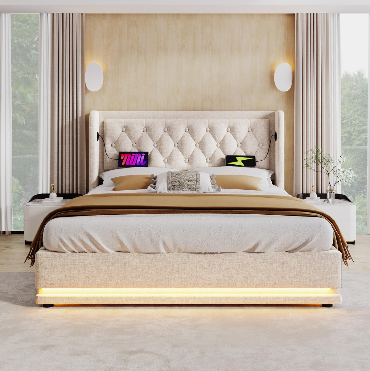 POLSTERBETT mit Bettkasten 180/200 cm in Beige mit LED und USB-C - Beige, Textil (180/200cm) - BEAOK
