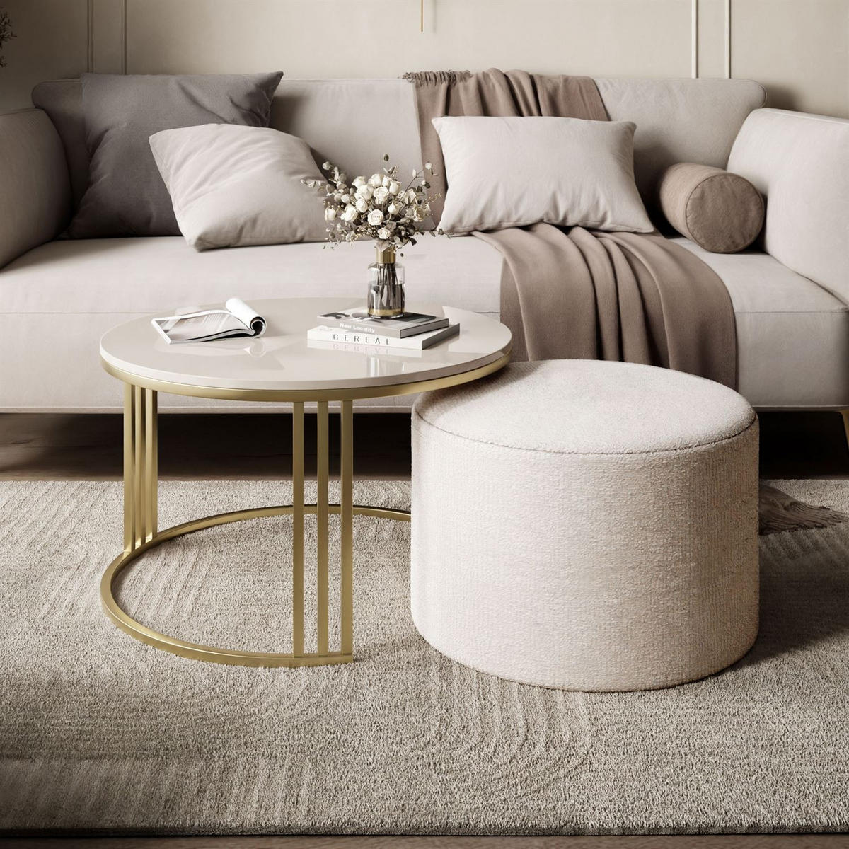 COUCHTISCH mit Hocker LORI Hochglanz gebürstetes Gold/glänzender Kaschmir/Perfect Harmony 01 - Kaschmir, Metall (70/70/49cm) - Lookway