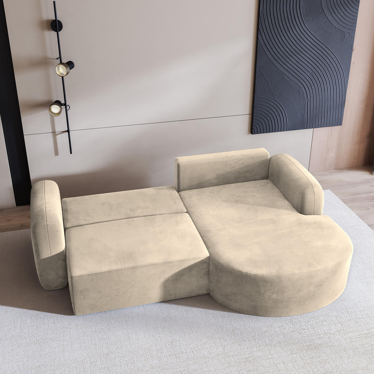 ECKSOFA AMILIA M R-S Creme Velours-Stoff mit Schlaffunktion - Creme, Holz (263/174cm) - MASSENO