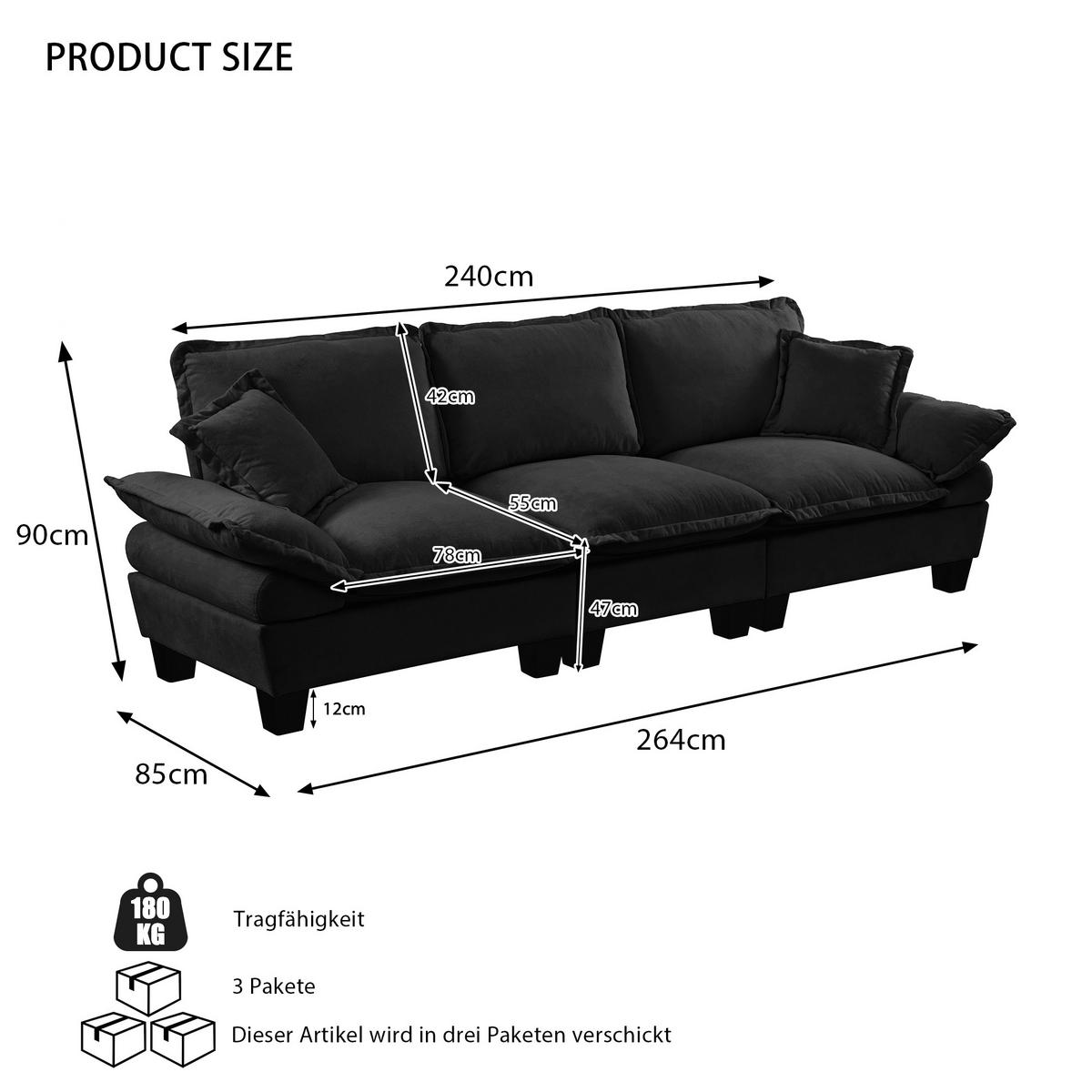 ECKSOFA 264/85/90 cm Schwarz mit gebogenen Armlehnen - Schwarz, Textil (263/82cm) - Oxeza