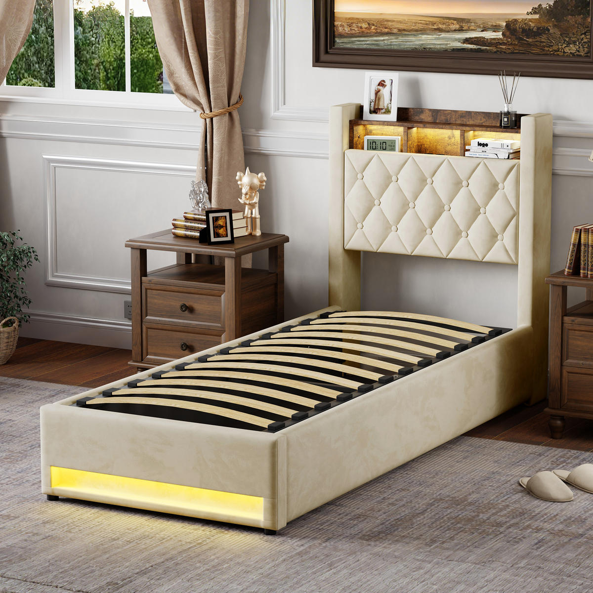 POLSTERBETT 90/200 cm Beige mit LED-Lichtleiste und USB-Anschlüssen - Beige, Holzwerkstoff (90/200cm) - OKWISH