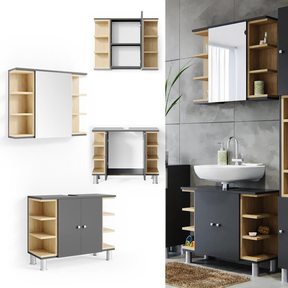 BADMÖBEL-SET Aquis Anthrazit 2 Teile - Anthrazit/Sonoma Eiche, Holzwerkstoff (79.6/64/32cm) - Vicco