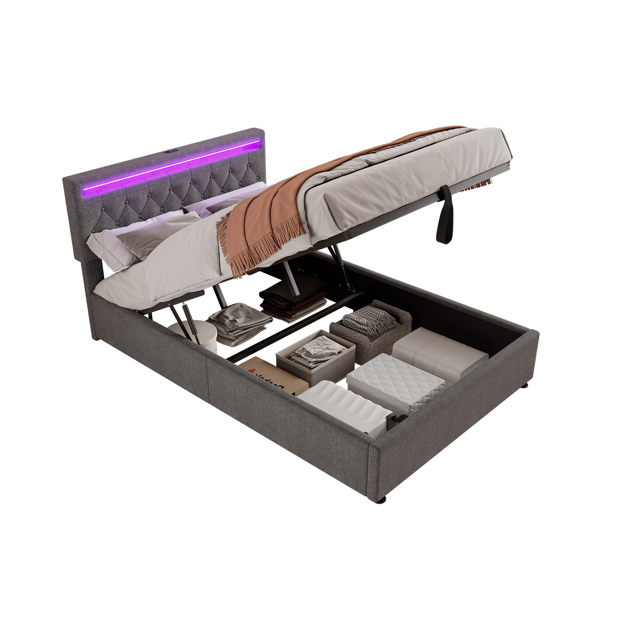 POLSTERBETT mit LED-Beleuchtung 140/200 cm in Grau mit Bettkasten & USB-C - Grau, Textil (140/200cm) - BEAOK