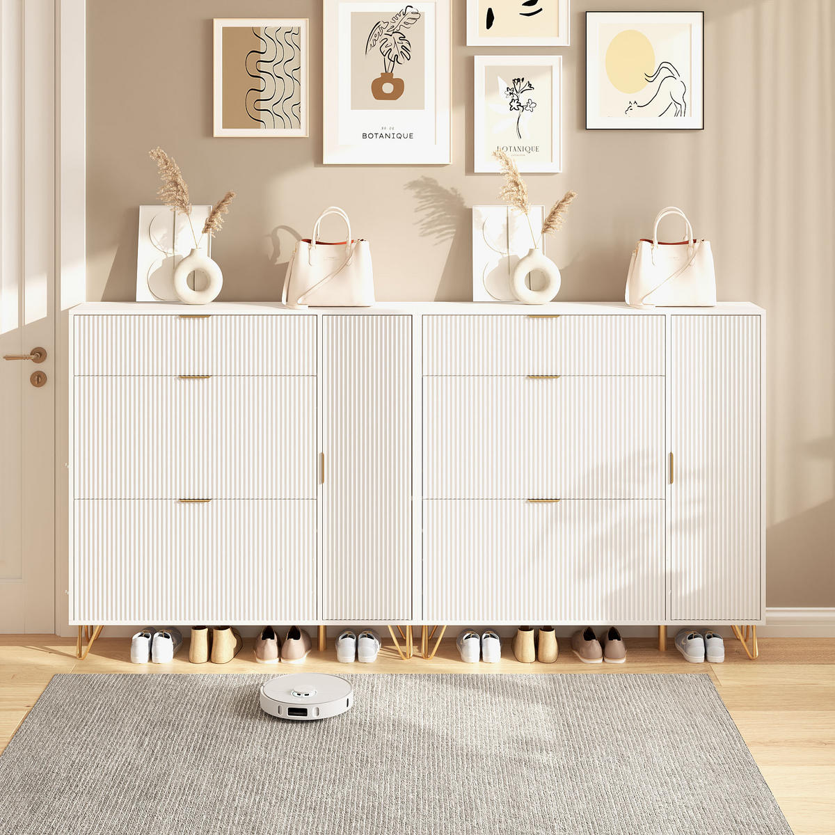 SCHUHSCHRANK mit goldenen Metallbeinen, verstellbaren Regalen, weiß - Weiß, Holz (110/114.5/28.5cm)