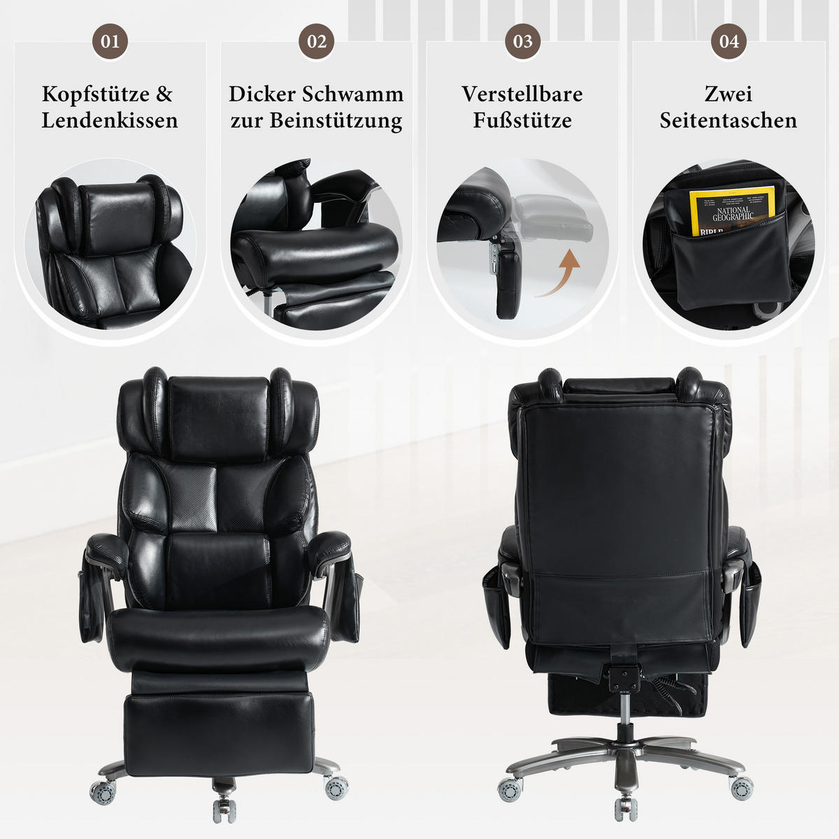 CHEFSESSEL DE-40960 mit Massage- und Heizfunktion neigbar bis 150° Schwarz - Schwarz, Metall (85.5/121.5/76.5cm) - ComfortXL