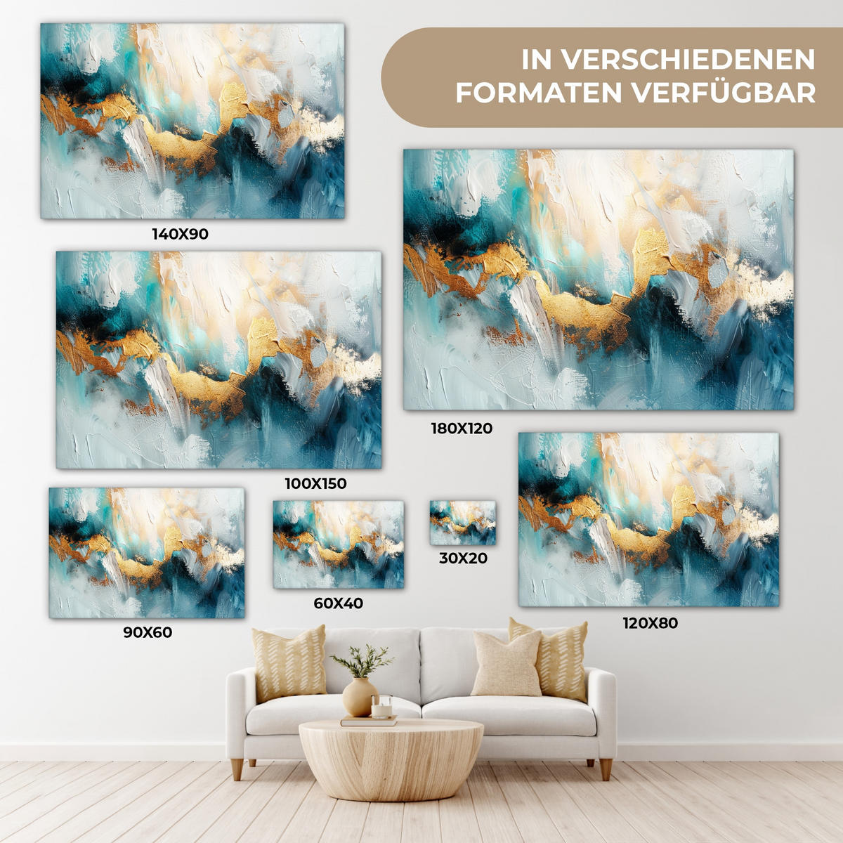 LEINWANDBILD Abstrakt - Kunst - Gold - Blau Wohnzimmer 120x80 cm - Petrol, Textil (120/80cm) - MuchoWow