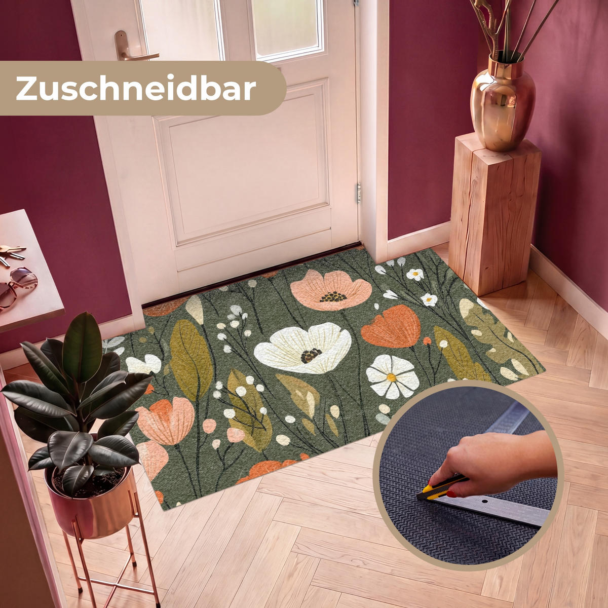 FUSSMATTE Blumen - Illustration - Grün Flurteppich 150x90 cm - Dunkelgrün, Kunststoff (150/90cm) - MuchoWow