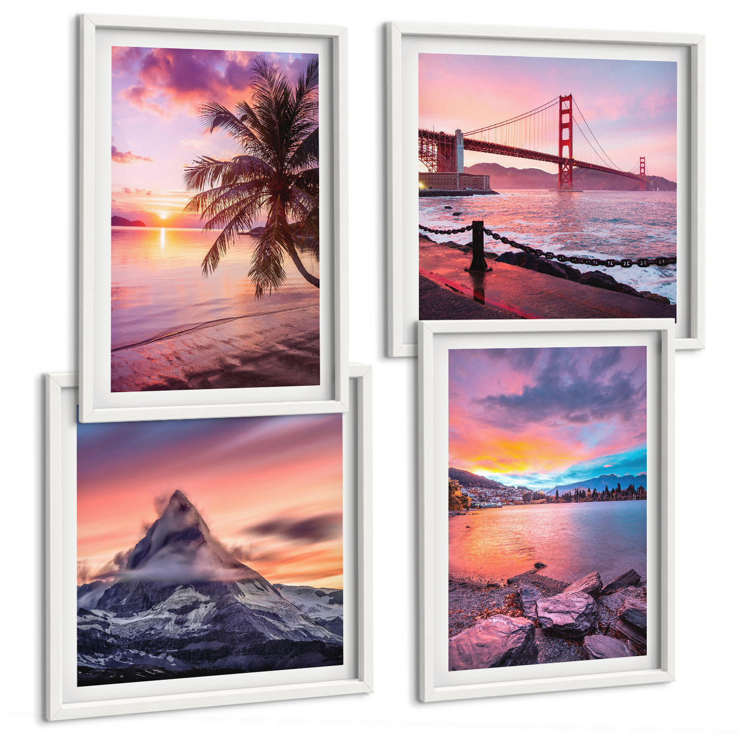 BILDER SET 4er Set - 50x50 cm & 40x60 cm Weißer Rahmen - Sonnenuntergangsbrücke Landschaft - Weiß, Kunststoff (50/50cm) - TULUP