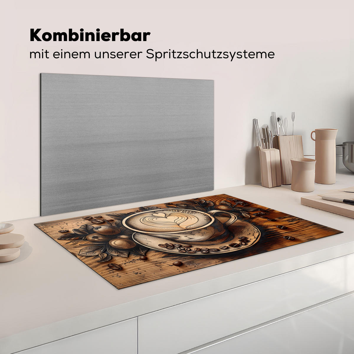 KRYT NA INDUKČNÍ DESKU Káva - Vintage - hnědá - šálek - dřevo 85x52 cm - kapučínová, plast (85/52/0.2cm) - MuchoWow