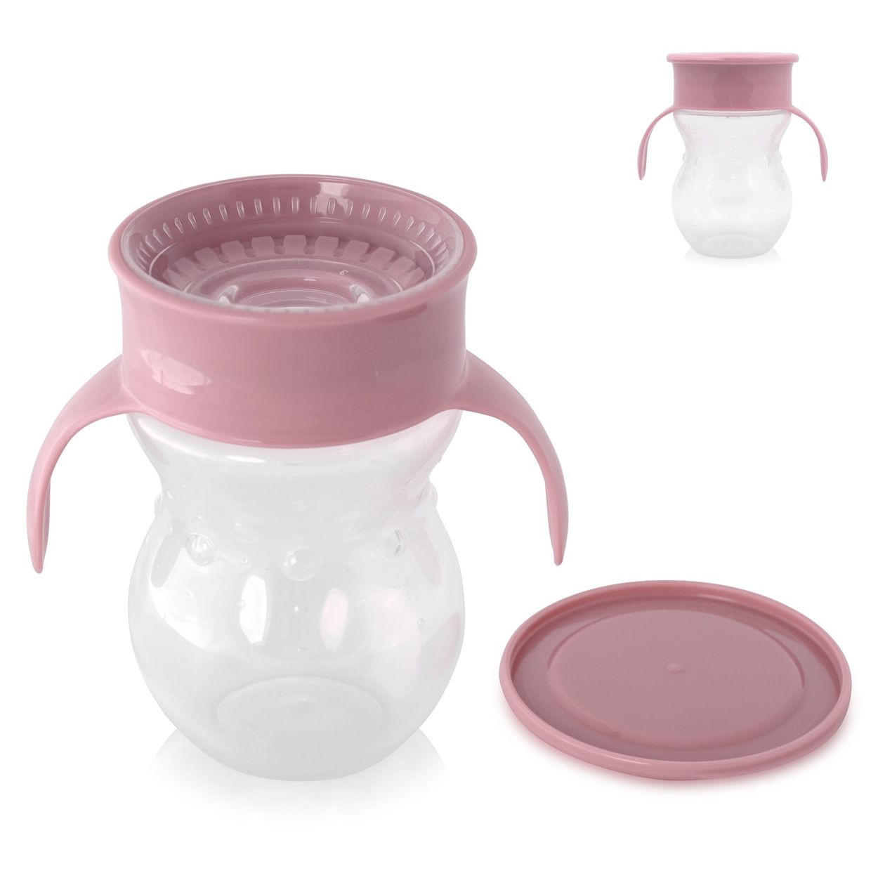 TRINKLERNBECHER 360 Grad 270 ml rosa Kunststoff, auslaufsicher, skala, Deckel, Schutzdeckel, Haltegriffe - Rosa, Kunststoff (12/12/12cm) - Baby Care