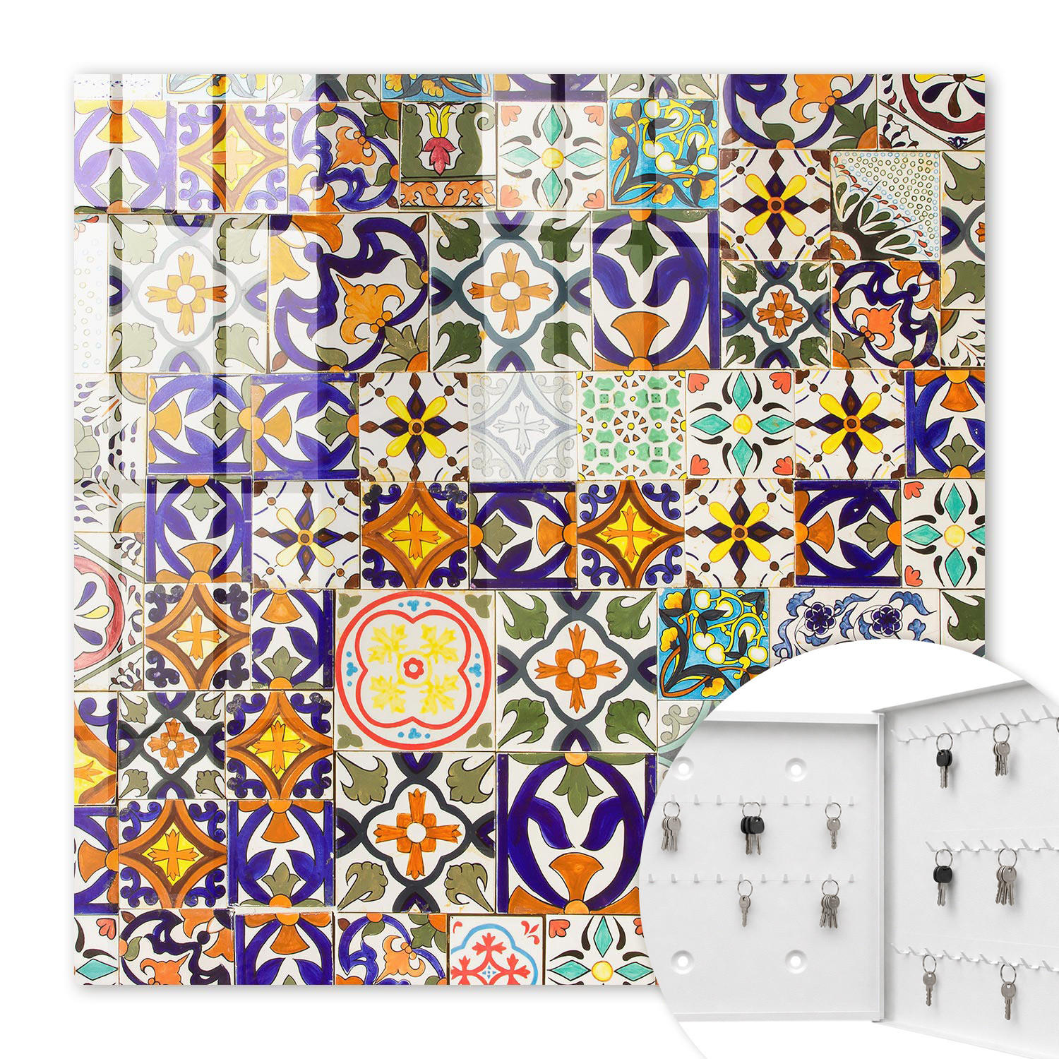 SCHLÜSSELBOX Weiß 30x30 cm – Türöffnung nach rechts - Bunte Fliesen - Blau, Metall (30/30/5cm) - TULUP