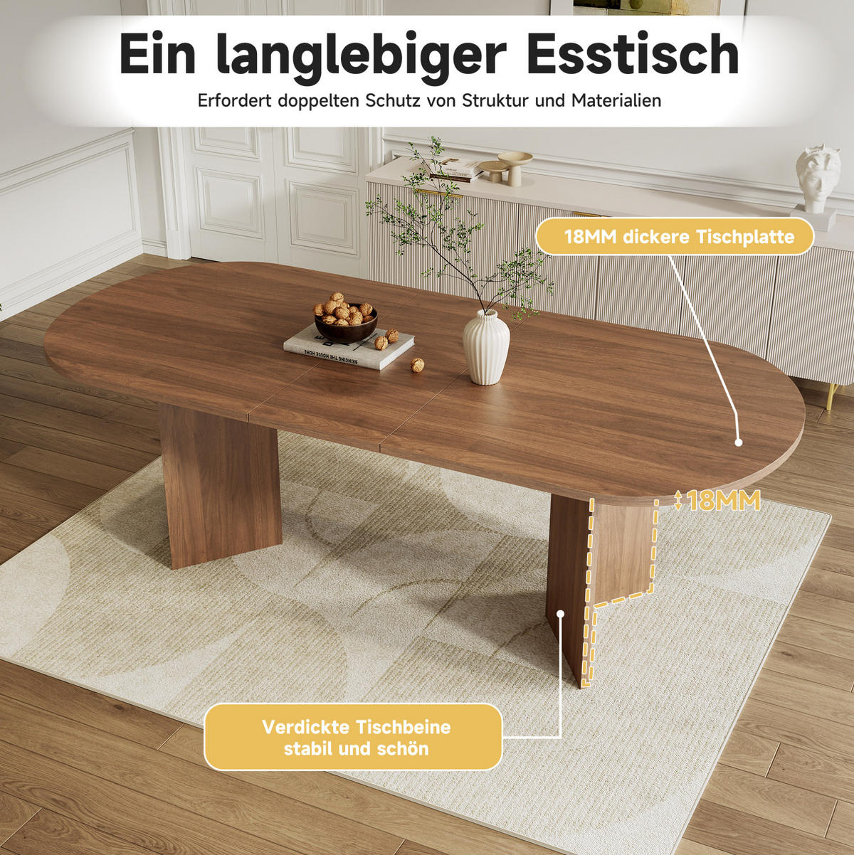 ESSTISCH aus MDF 200x90x75 cm Walnuss ausziehbar mit abgerundeten Ecken und 18 mm Tischplatte - Walnussfarben, Holzwerkstoff (200/90/75cm) - Modfu