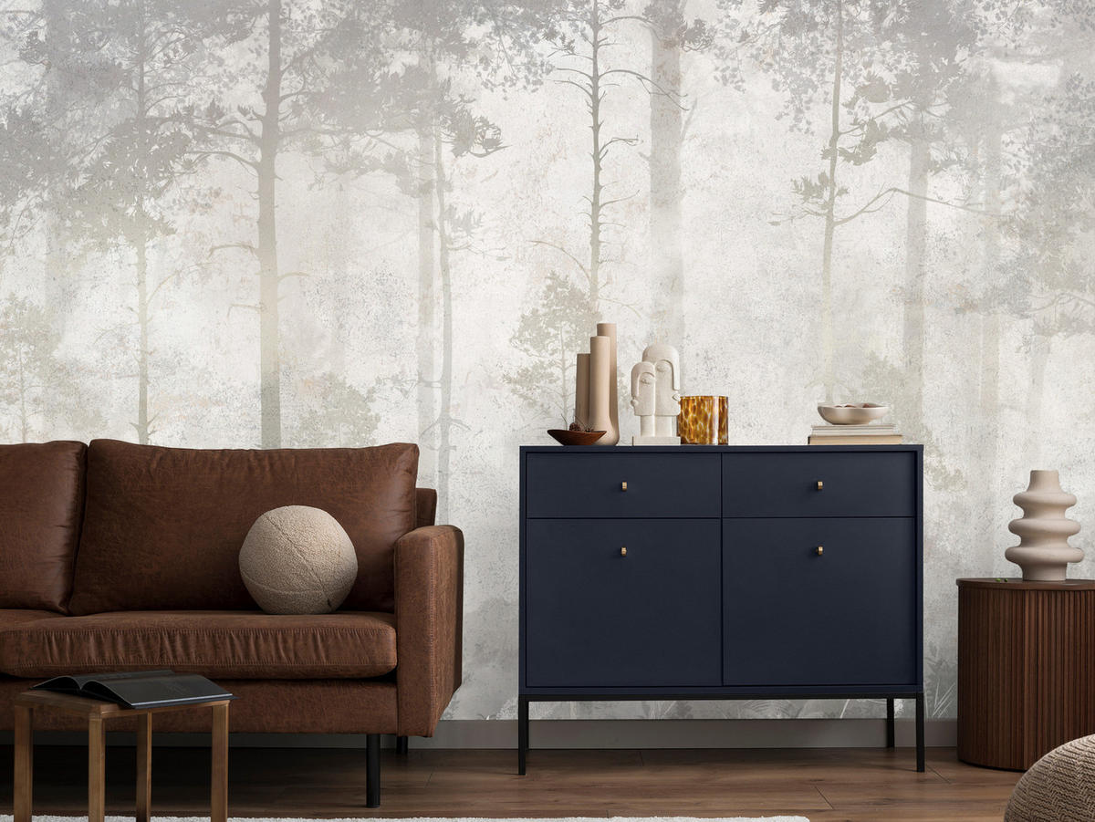 FOTOTAPETE für Wohnzimmer Nebliger Wald Vintage Bäume 300x210 - Beige/Grau, Papier (300/210cm) - Muralo