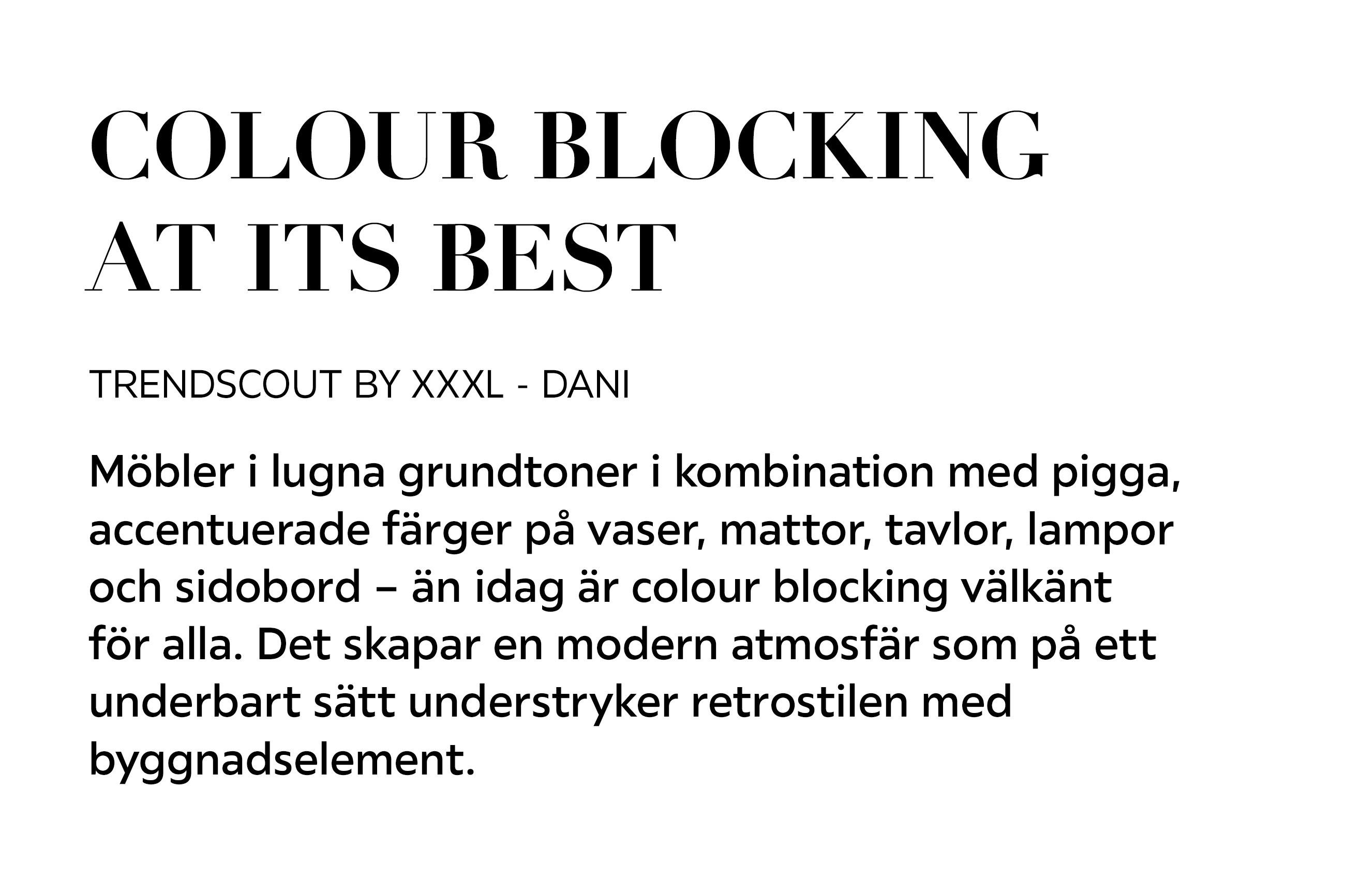 COLOUR BLOCKING AIT IST BEST TRENDSCOUT BY XXXL – DANI Möbler i lugna grundtoner i kombination med pigga, accentuerade färger på vaser, mattor, tavlor, lampor och sidobord – än idag är colour blocking välkänt för alla.