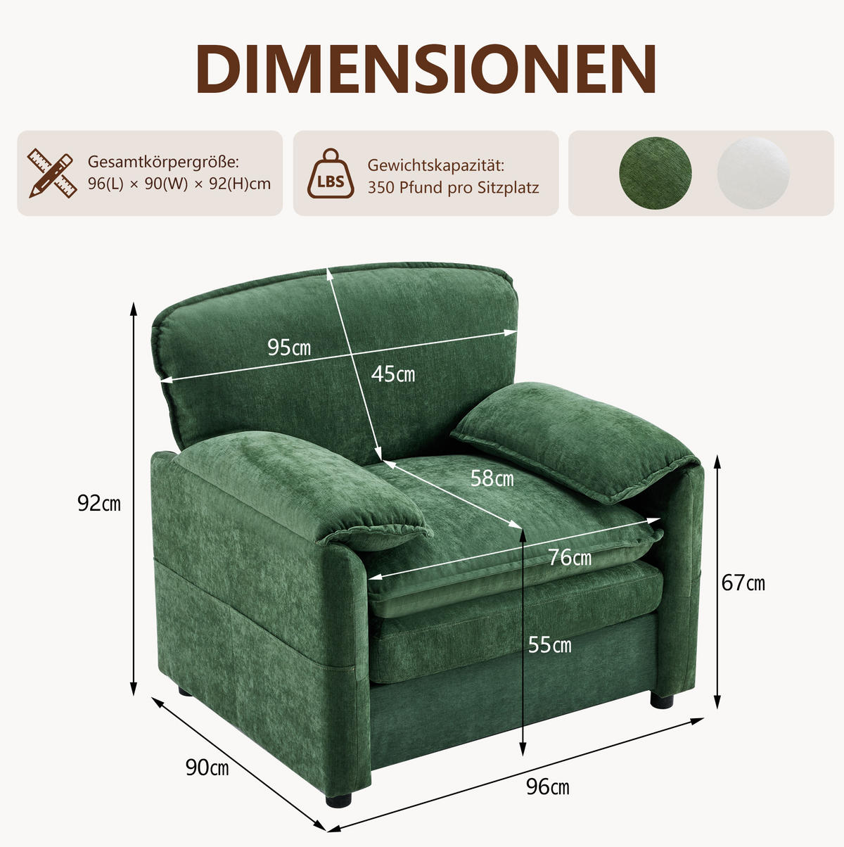 SESSEL mit doppelten Seitentaschen und mehrschichtiger Polsterung, Retro-Design, Dunkelgrün - Grün, Kunststoff (92/90/96cm) - Redom