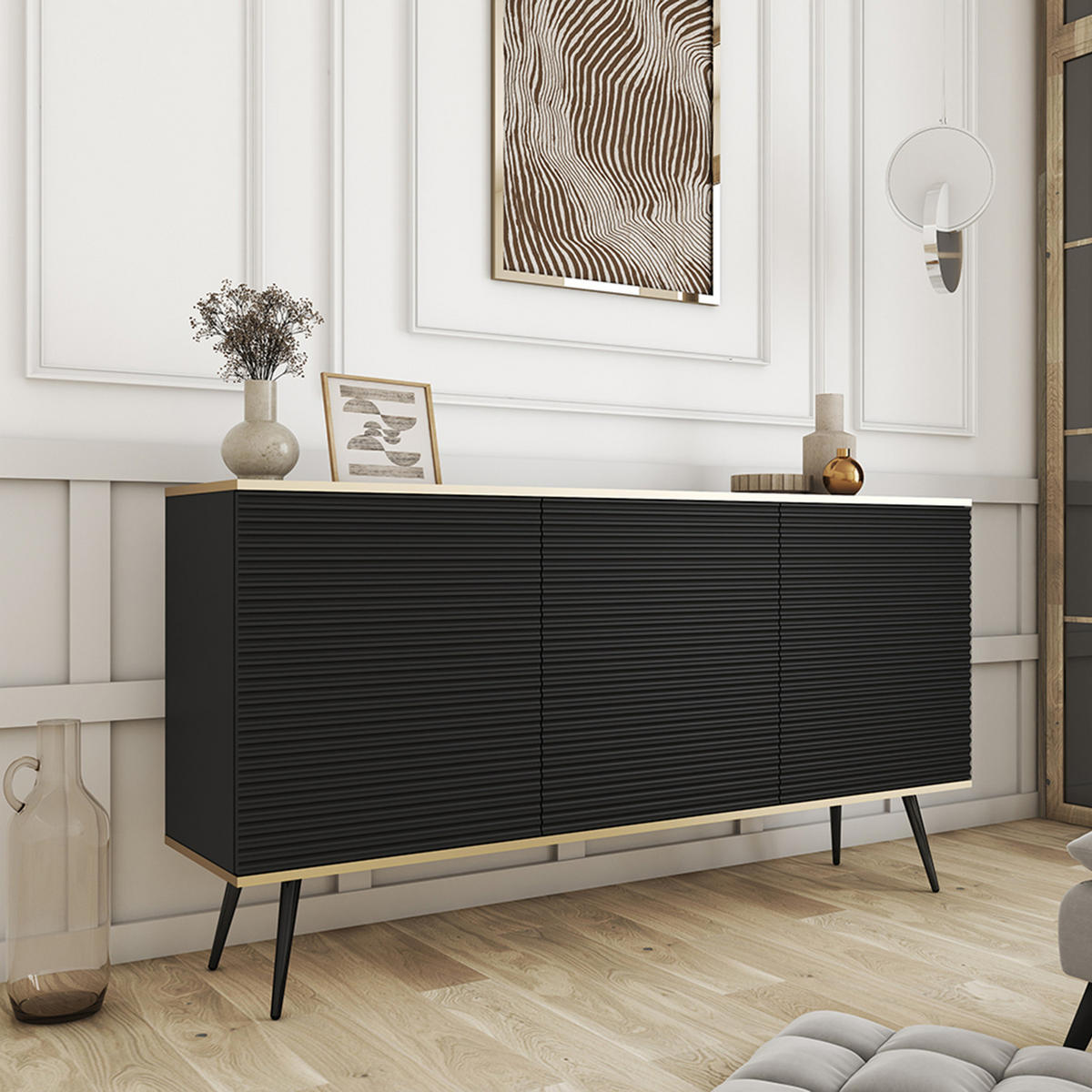 KOMMODE FORNO (Schwarz, Rillenfront, Goldene Details, 3 Türen, schwarze Metallfüße, 160 cm) - Schwarz, Holz/Holzwerkstoff (160/85/39cm) - Ravio