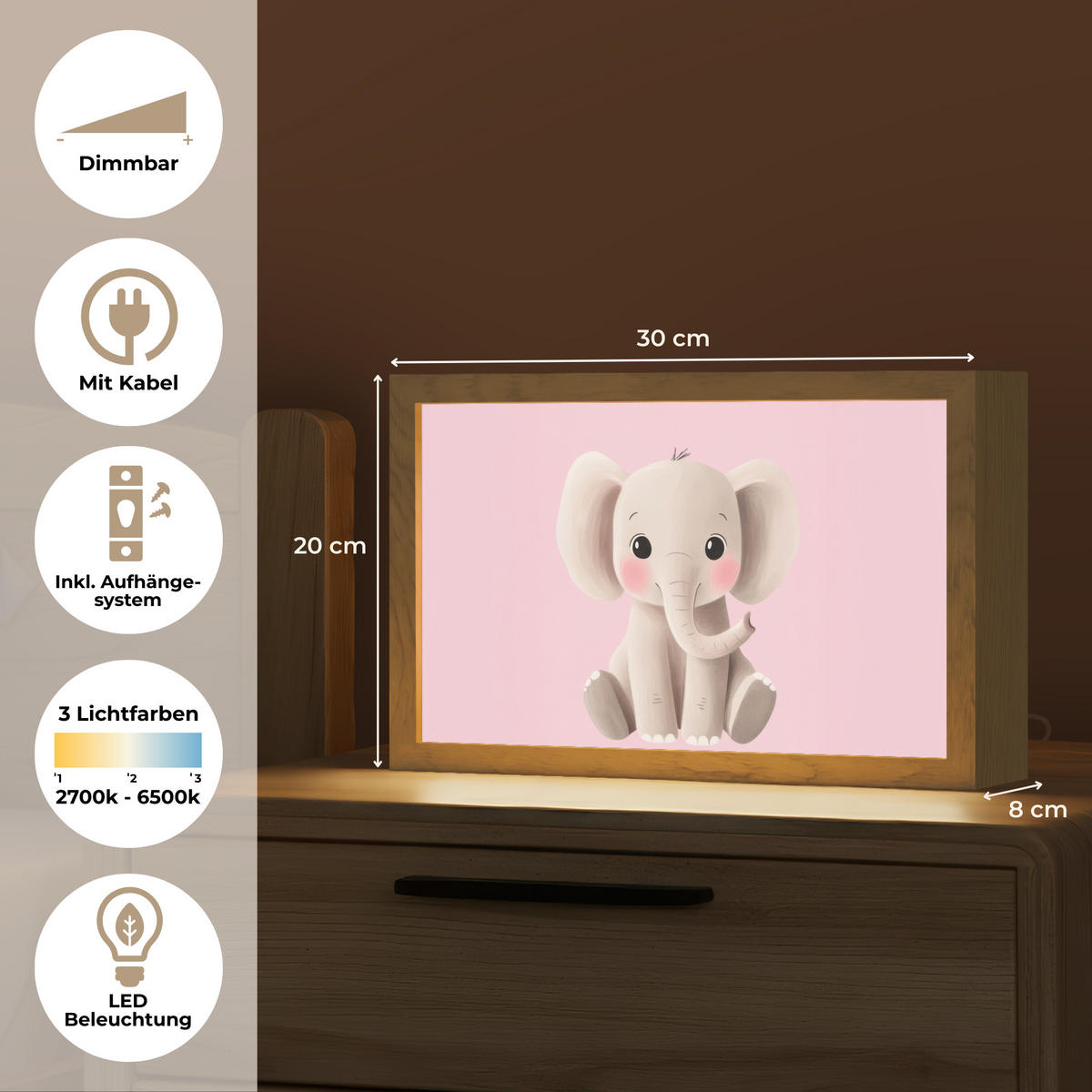 NACHTTISCHLAMPE Elefant - Baby - Rosa - Cartoon 30x20 cm - Rosa, Holzwerkstoff (8/30/20cm)