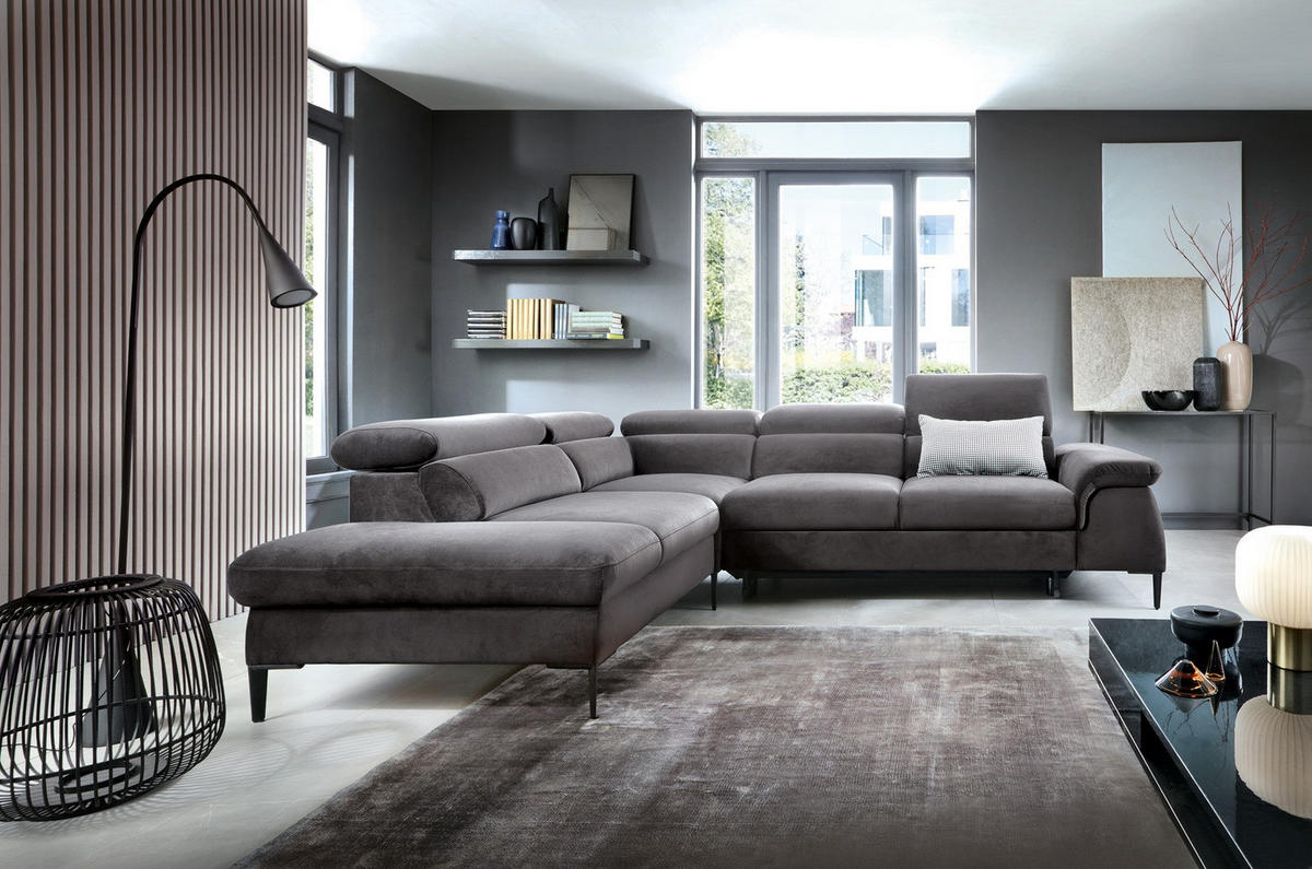 SCHLAFSOFA 280 cm Amaro L mit verstellbaren Kopfstützen, Links, Grau - Grau, Holz (280/214cm) - Emporius