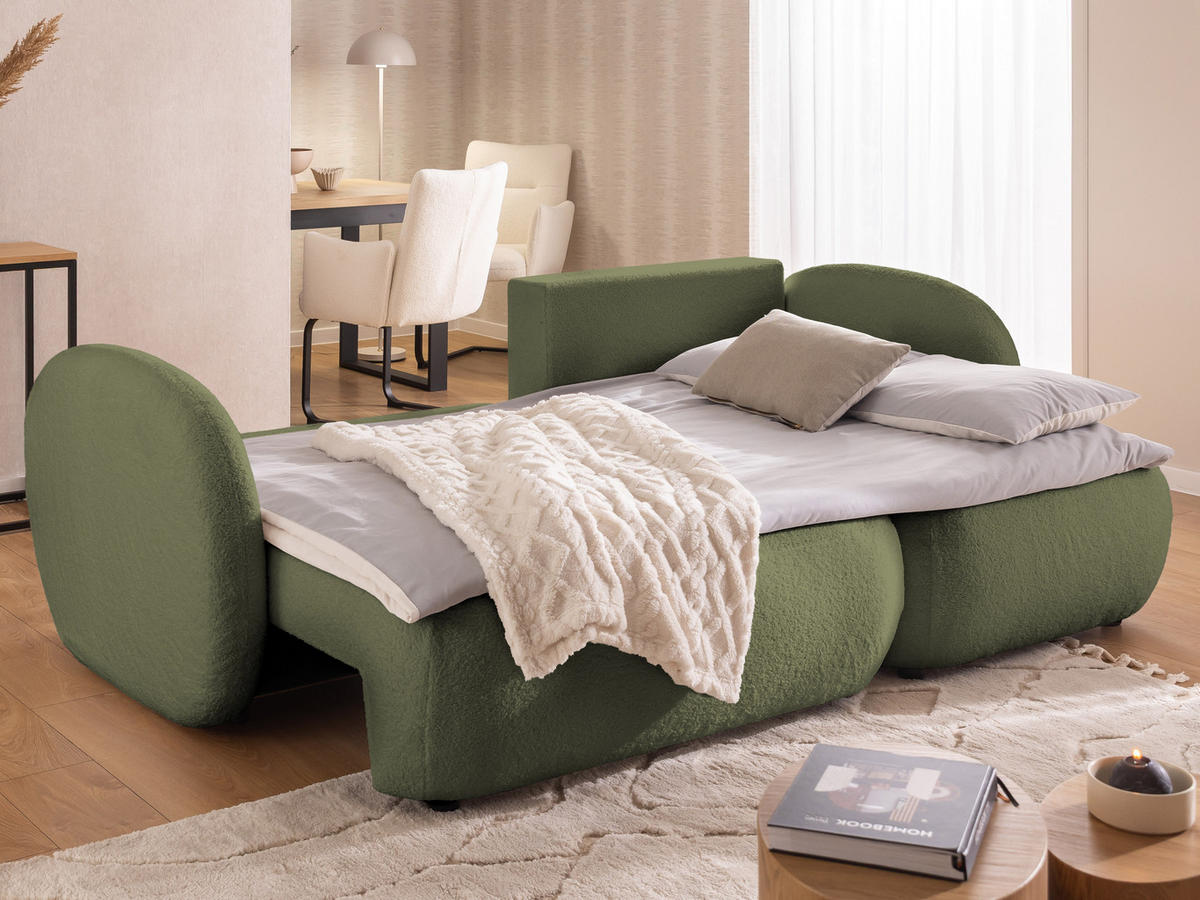 ECKSOFA Candy mit Schlaffunktion Grün Bouclé-Stoff - Ottomane rechts - Schwarz/Grün, Holz/Kunststoff (146/230cm) - S-Style Möbel