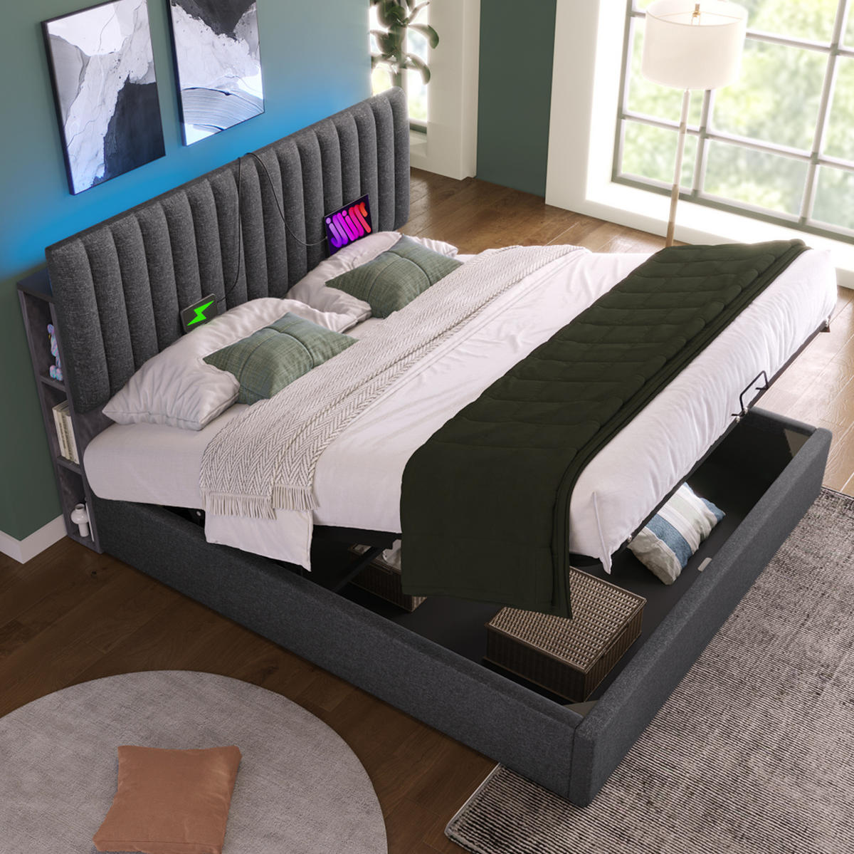 POLSTERBETT 160/200 cm Grau mit LED-Beleuchtung, Stauraum und USB- und Type-C-Anschlüssen - Grau, Textil (160/200cm) - Flora Grace