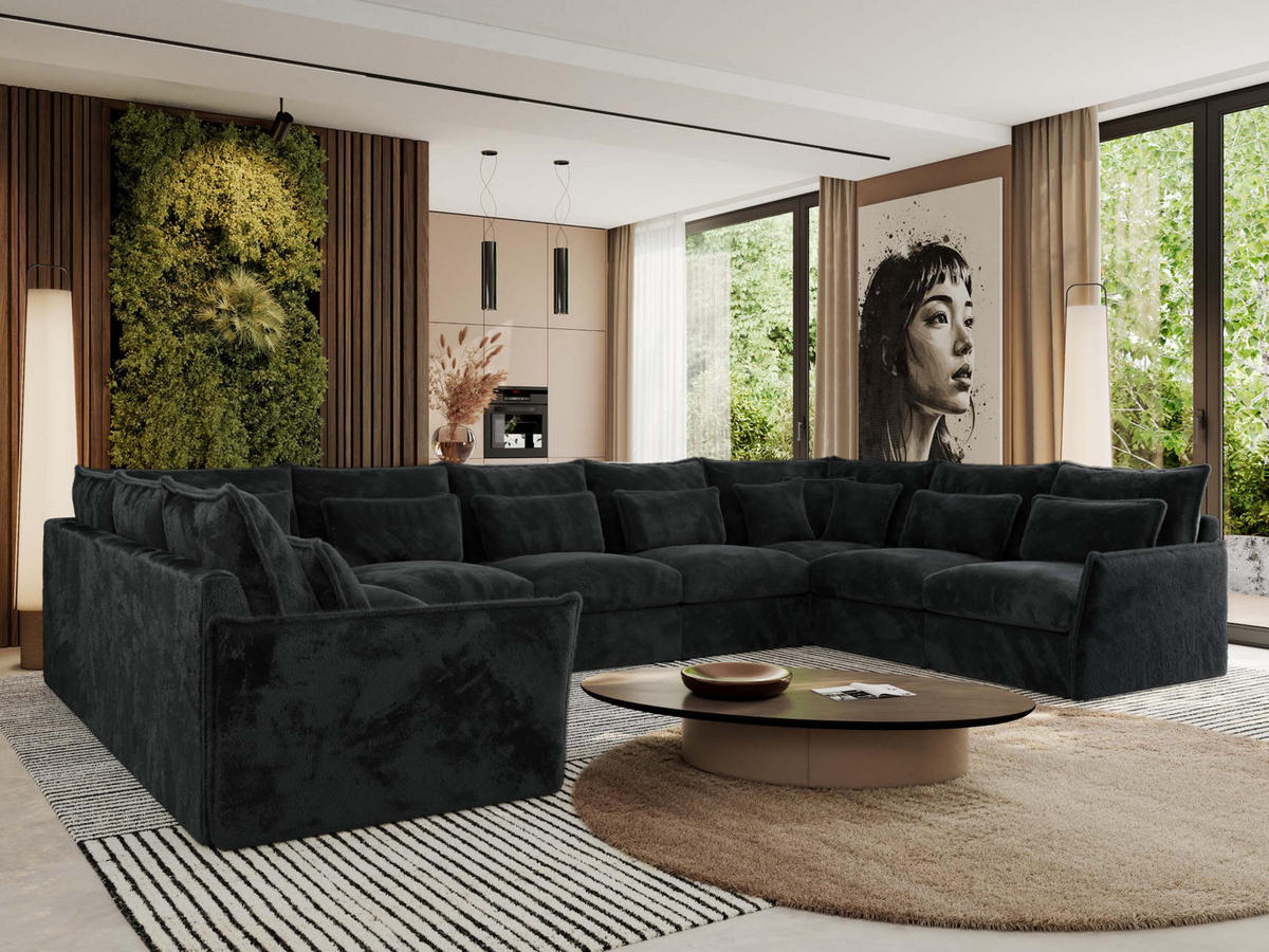 WOHNLANDSCHAFT VERSO U 9M Dunkelgrau Plüsch - Dunkelgrau/Schwarz, Kunststoff/Textil (442/93/270cm) - MKS