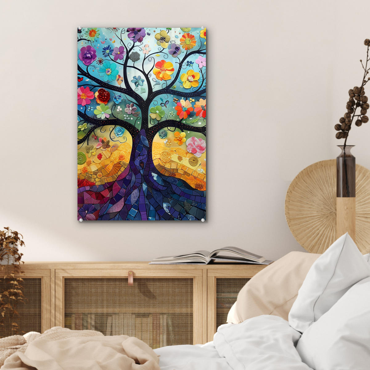 ACRYLGLASBILD Kunst - Baum des Lebens - Blumen - Hippie 40x60 cm - Dunkelblau, Glas (40/60cm) - MuchoWow