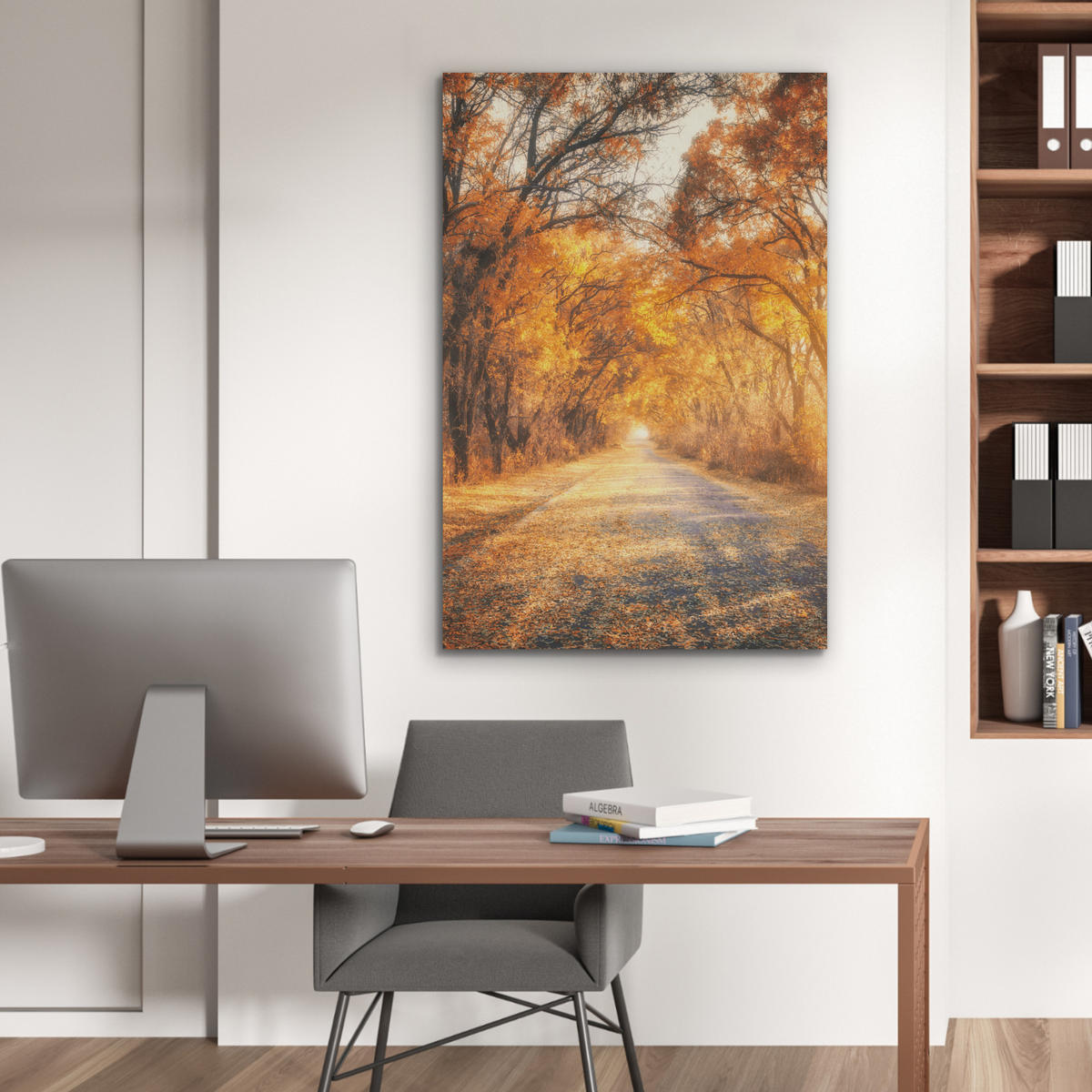 AKUSTIKPANEEL Wald - Herbst - Bäume - Waldweg - Natur 70x100 cm - Bernsteinfarben, Textil (70/0.9/100cm) - MuchoWow