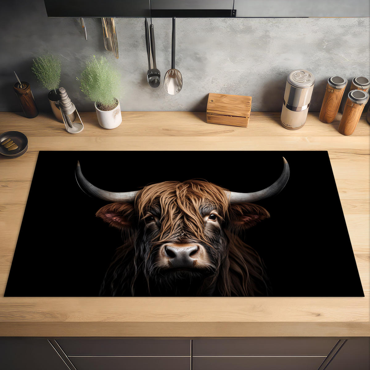 HERABDECKPLATTE - Schottischer Highlander - Porträt - Schwarz - Tier - 95x50 - Braun, Kunststoff (95/50/0.2cm) - MuchoWow