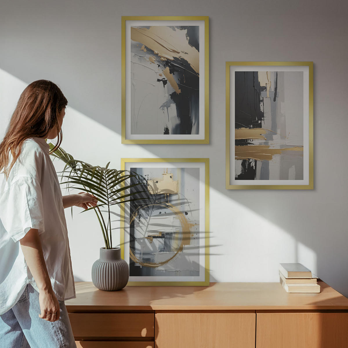 WANDBILDER 3er Set - 40x60 cm Goldrahmen - Abstrakte Schwarz-Weiß-Malerei - Goldfarben, Kunststoff (40/60cm) - ArtPrintCave