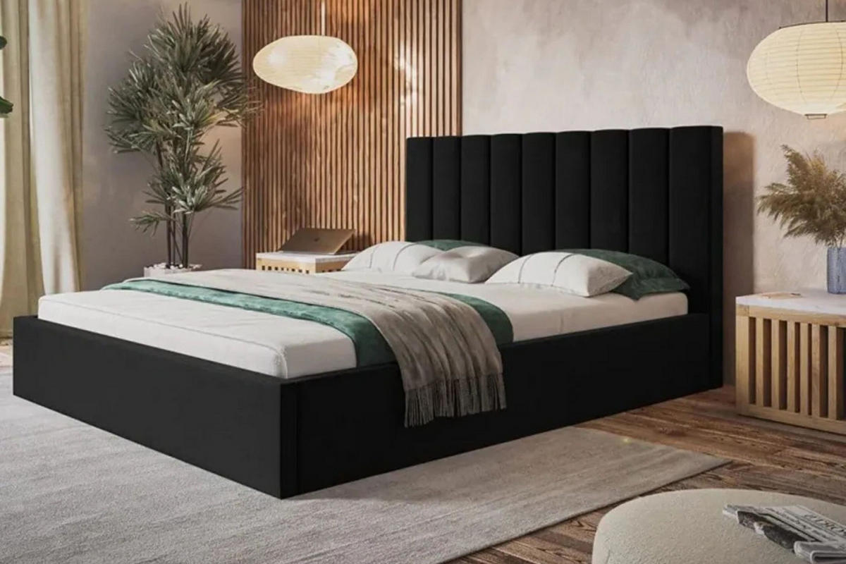 POLSTERBETT SIM 9 mit Kopfteil, 180 x 200 cm mit Bettkasten und Lattenrost aus Holz, Velourstoff, Farbe: Schwarz - Schwarz, Holz/Kunststoff (180/200cm) - Sepro Meble