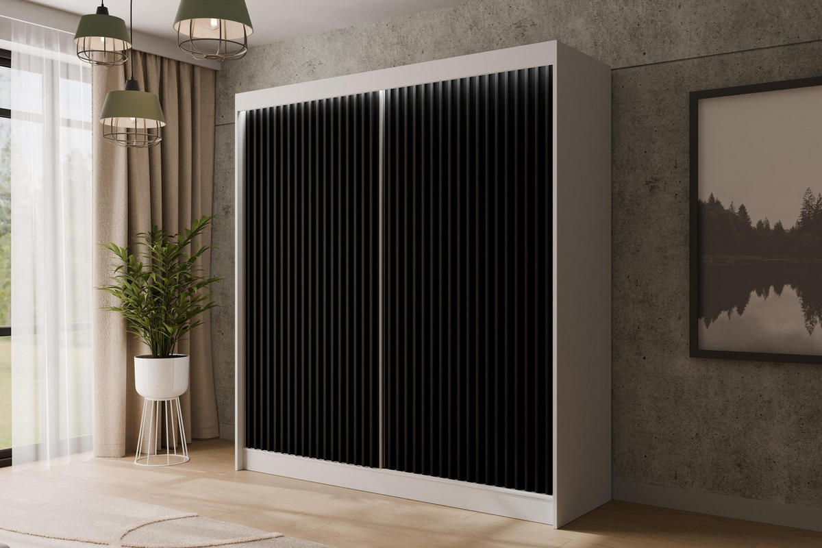 KLEIDERSCHRANK mit LED, Lamel-Schiebetüren VILANv2 - 200 cm Weiß + Lamelle schwarz - Schwarz/Weiß, Holzwerkstoff (200/215/61cm) - ALTDECOR