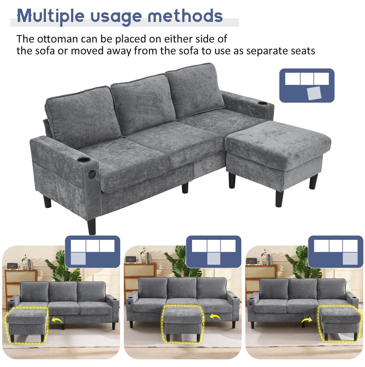 SOFA L-Form mit USB und Getränkehaltern 202 x 137 cm Leinen Grau - Grau, Textil (202/137cm) - IVMEU