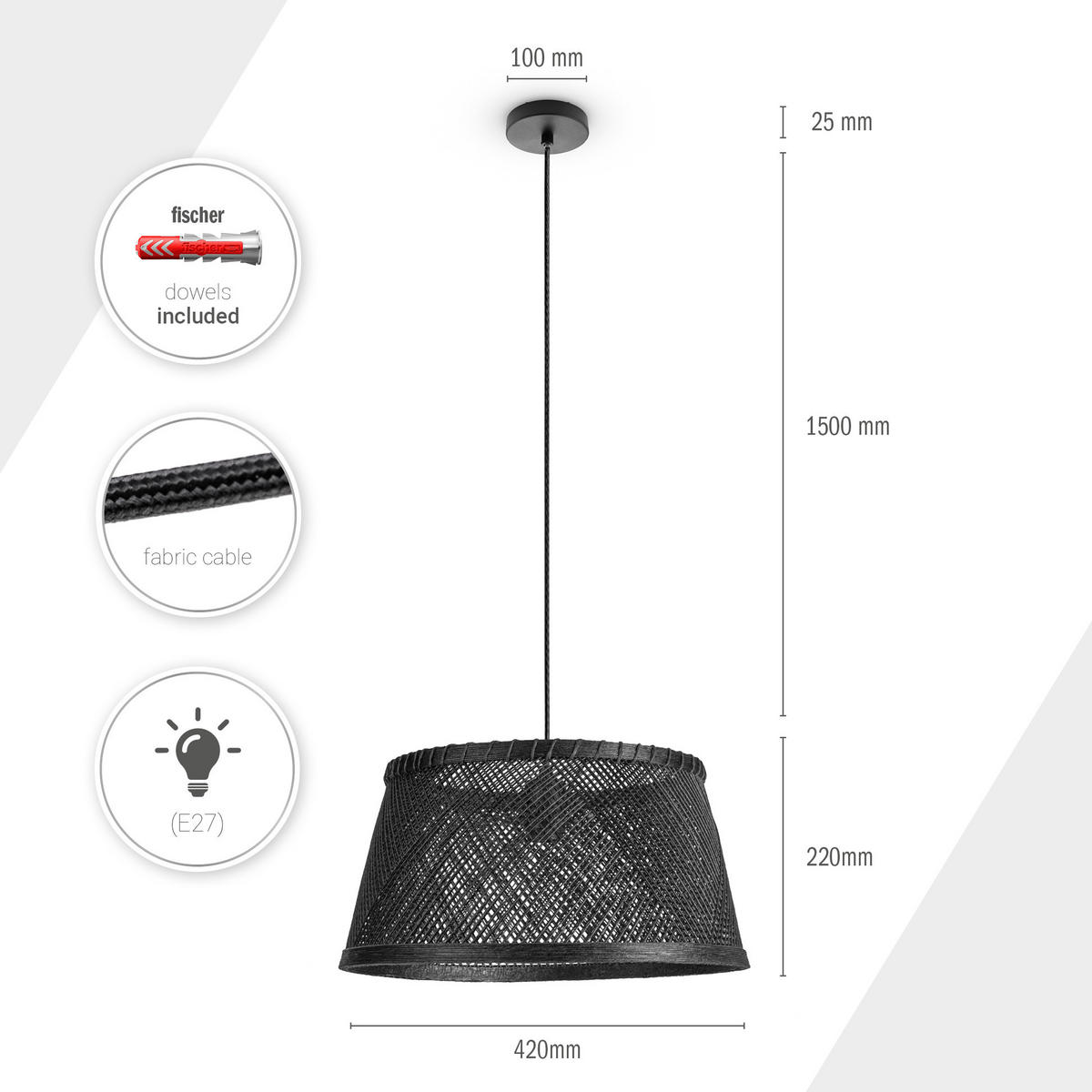 PENDELLEUCHTE Rama - Schwarz, Metall (42/42/22cm) - Paco Home