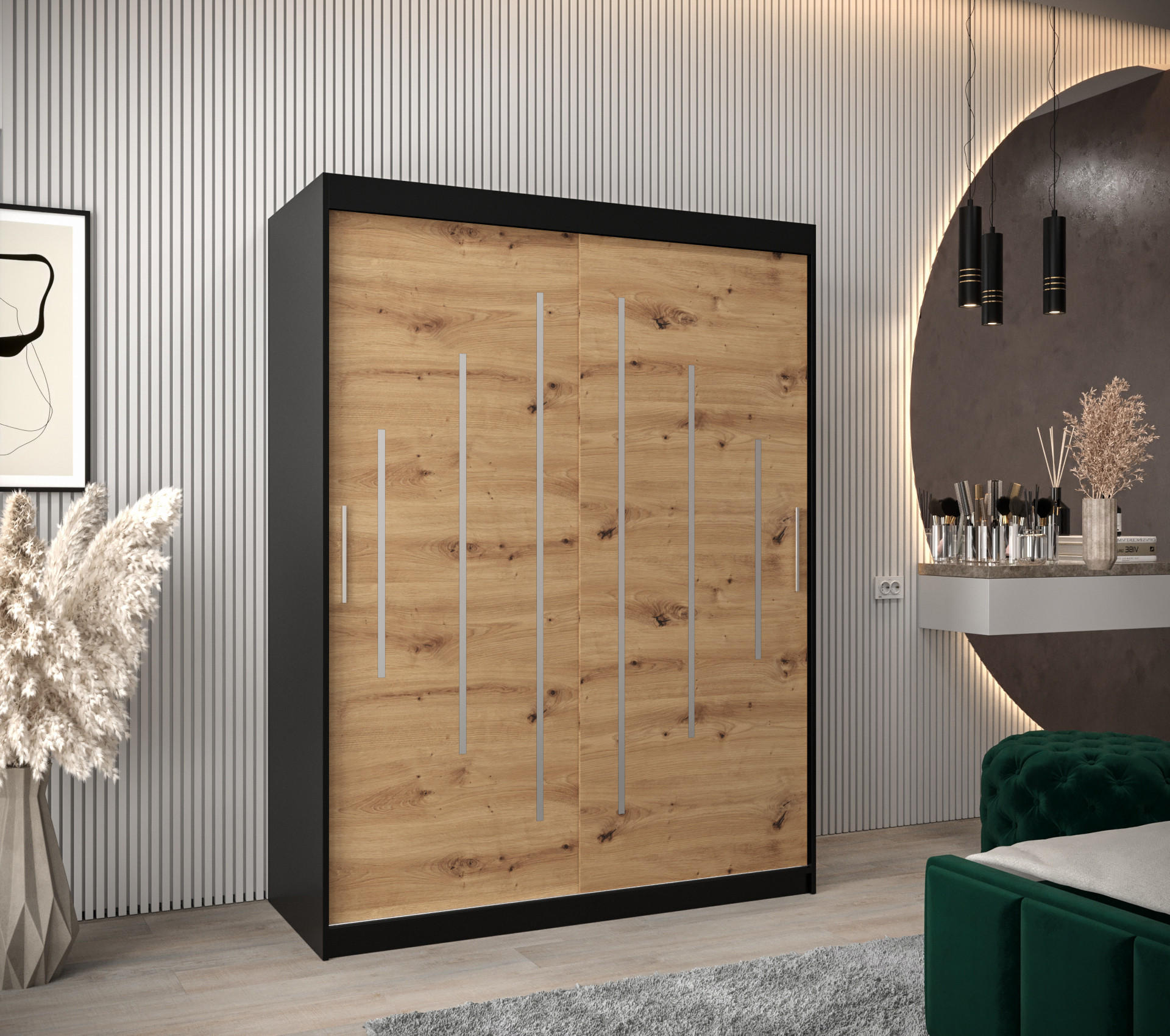 SCHWEBETÜRENSCHRANK 200/150/62 2-türig - Silberfarben/Schwarz, Holz/Kunststoff (150/200/62cm) - Abiks Möbel