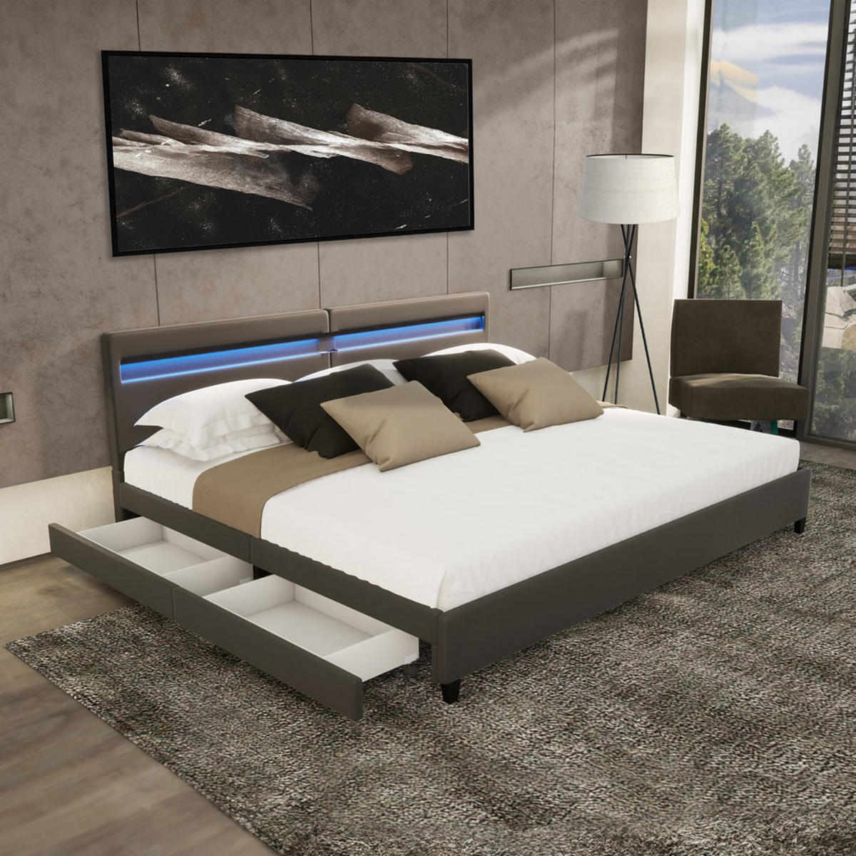 LED BETT NUBE - Dunkelgrau, ohne Matratze - Dunkelgrau, Kunststoff - Home Deluxe