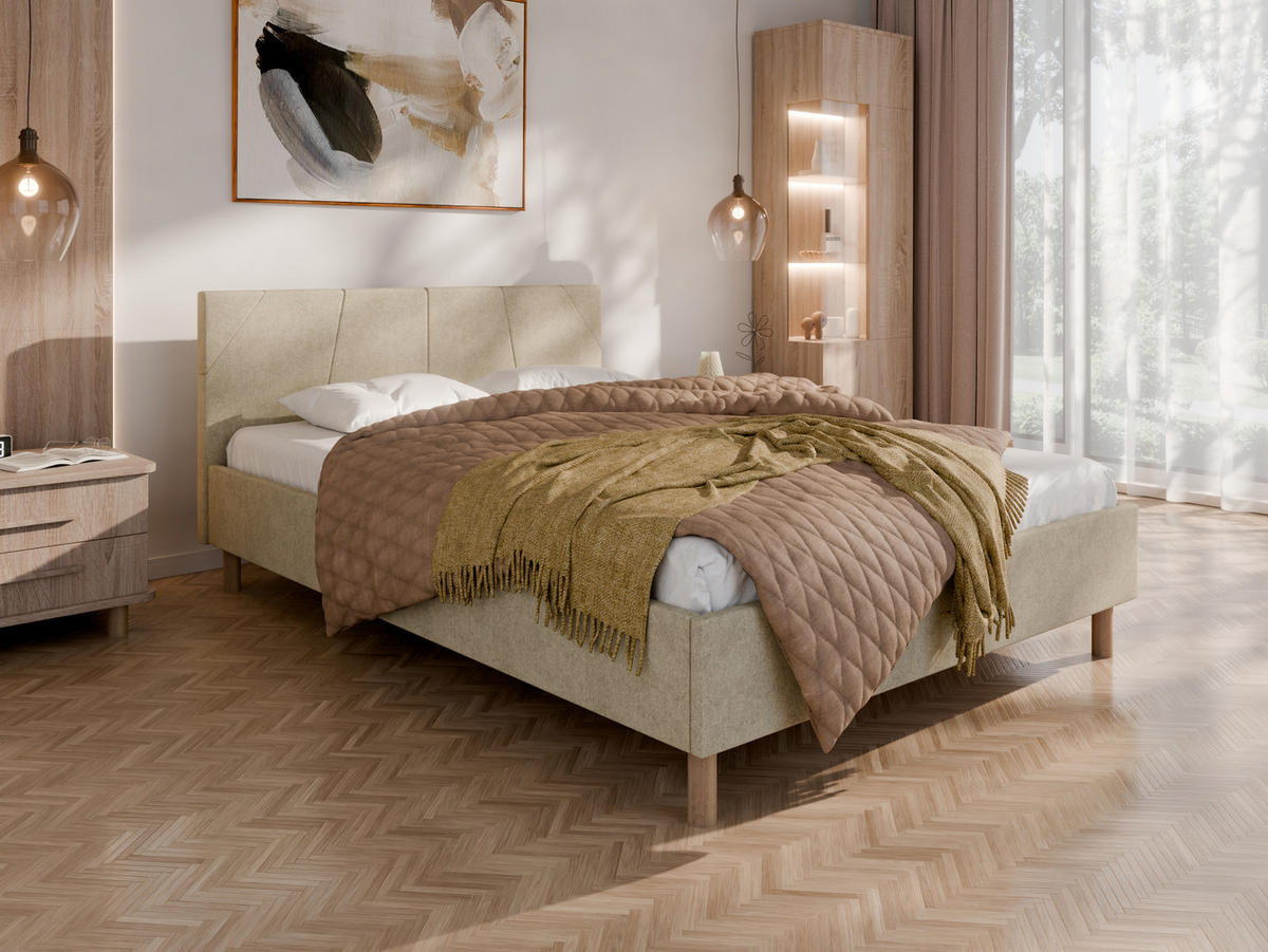 POLSTERBETT ALMORE 140x200cm Elegantes Polsterbett für modernen Wohnstil , 7-Zonen-Taschenfederkernmatratze mit kokos ARLAN (21 cm), beige - Beige, Holz (140/200cm) - Panda Möbel