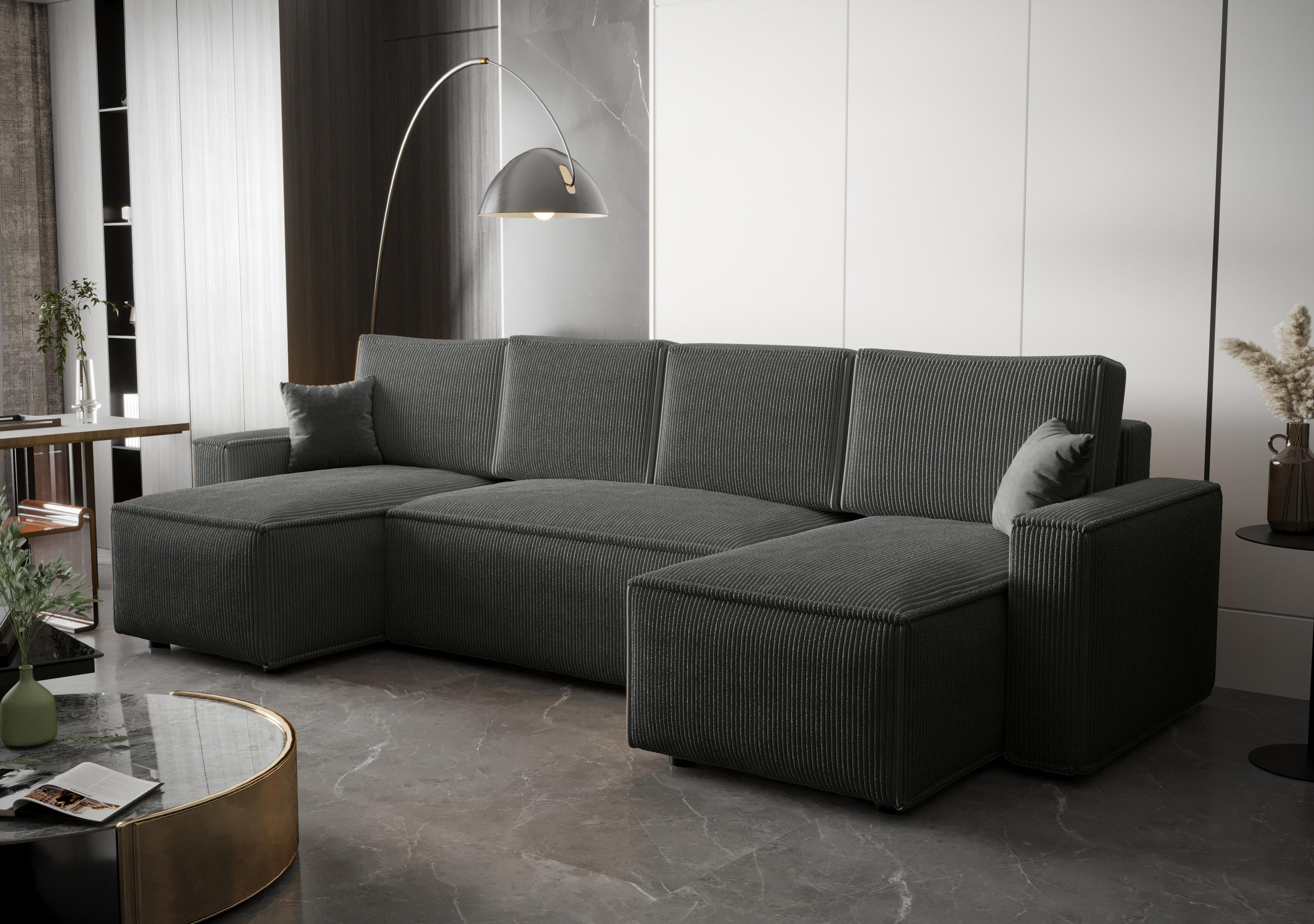 WOHNLANDSCHAFT U AMBRO Poso 60 mit Schlaffunktion U-Form, Sofa mit Stauraum - Grau, Textil (300/85/143cm) - Bedante