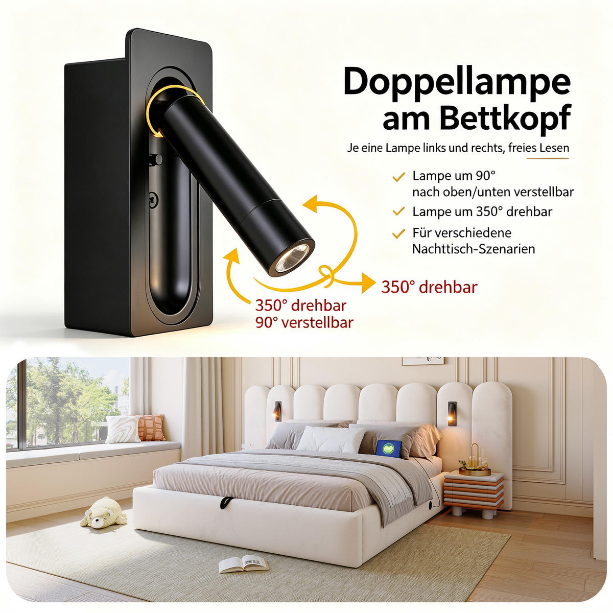 BOXBETT 160/200 mit Wolken Kopfteil, Bettkasten/Leselampe/USB, Samt, Beige - Beige, Holz/Textil (160/200cm) - LVHOM