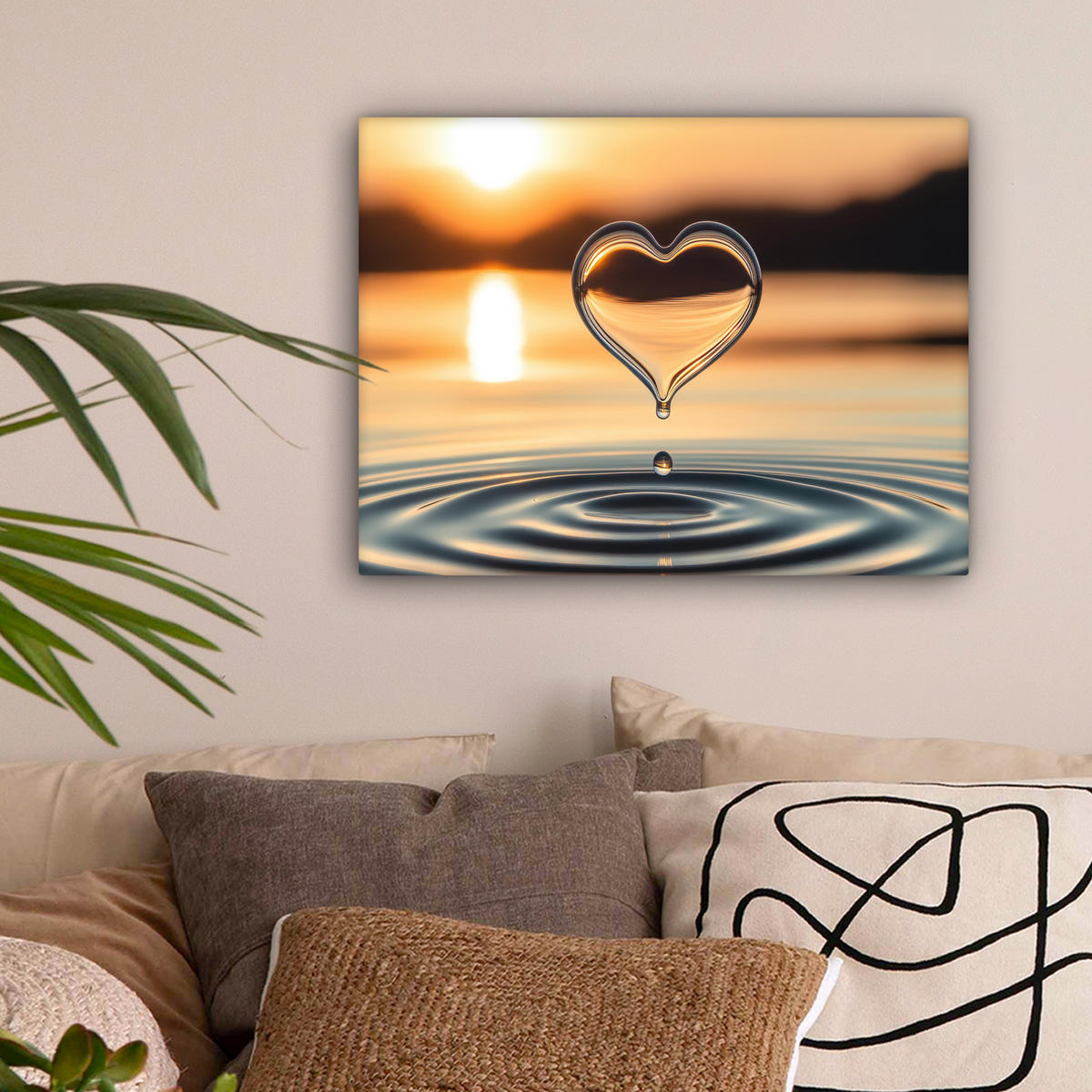 LEINWANDBILD - Herz - Wasser - Sonnenuntergang - Natur - Zen - 40x30 - Wanddeko - Bernsteinfarben, Textil (40/30cm) - MuchoWow