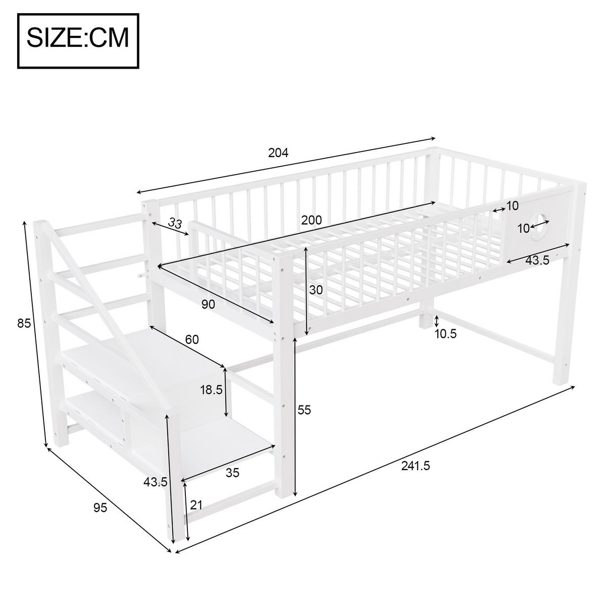 HOCHBETT 90/200 cm aus Metall/MDF mit Stauraumleiter Weiß - Weiß, Metall (90/200cm) - Modenvie