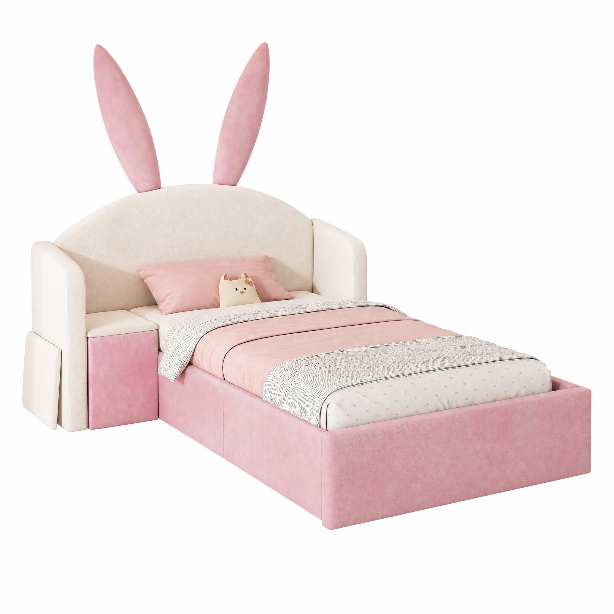 JUGENDBETT mit Stauraum 90x200 cm Samt Beige & Pink mit Nachttisch - Rosa, Metall (90/200cm) - Meubliv