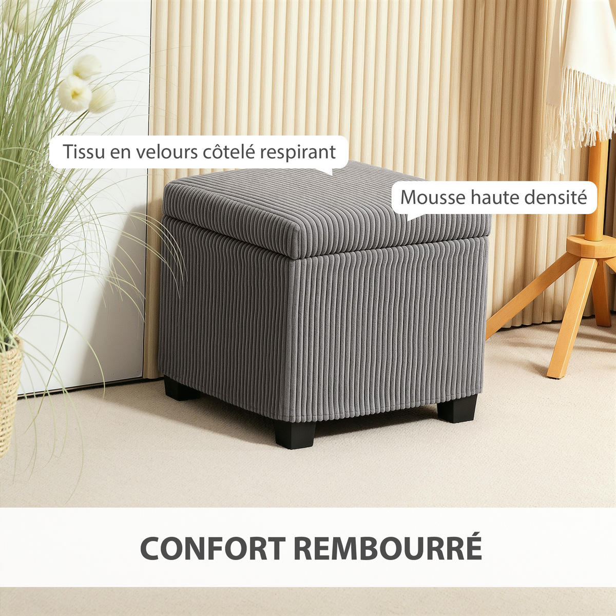 POUF DE-16411 mit Stauraum und Rippenvelours Grau - Grau, Textil (40/40/40cm) - ComfortXL